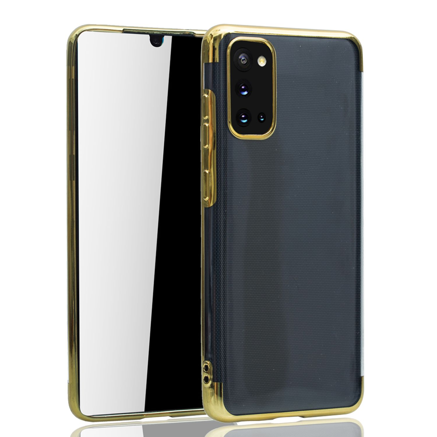 Schwarzes Telefon mit goldenem Rahmen und durchsichtiger Hülle, Rückseite nach oben.