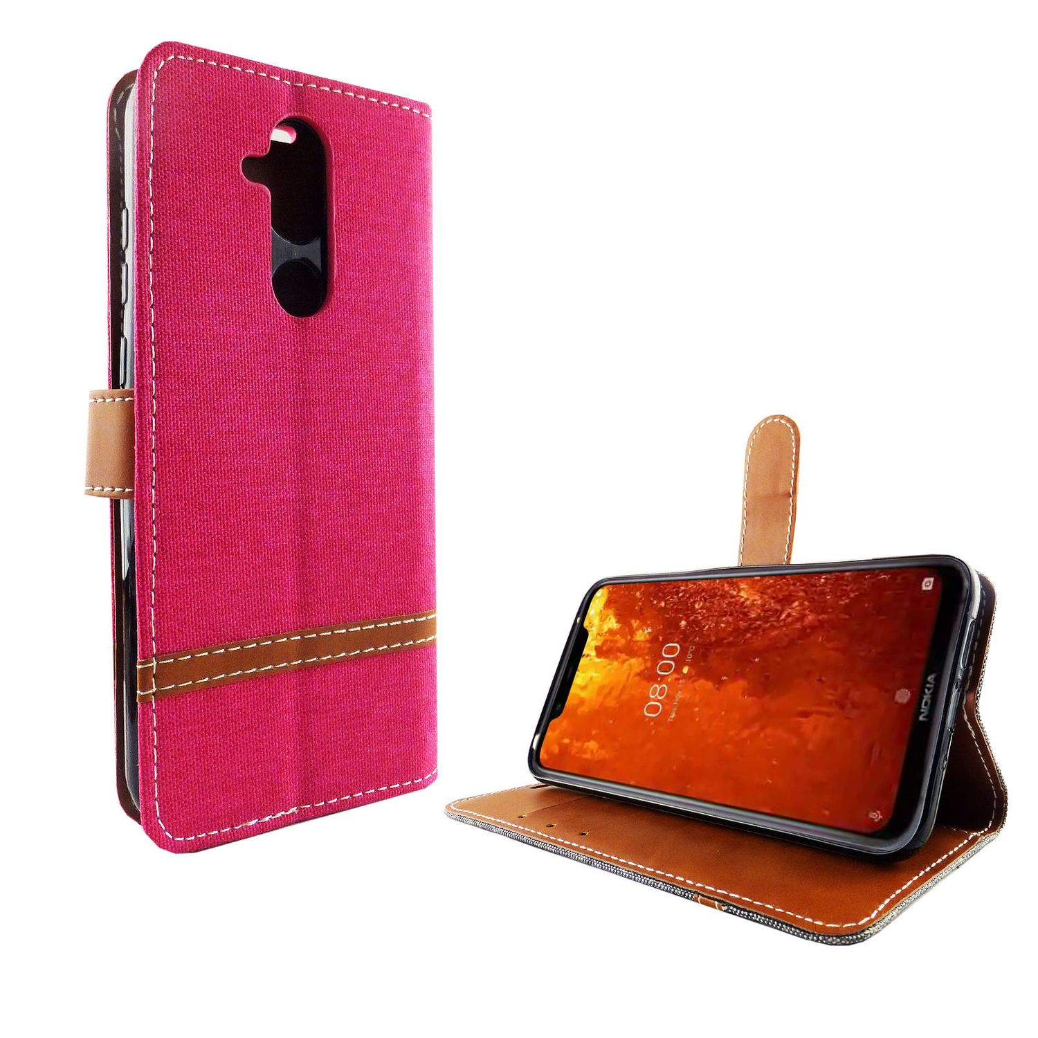 Eine rote Handyhülle, geöffnet mit einem Telefon mit digitaler Bildschirmanzeige und einem braunen Riemen.
