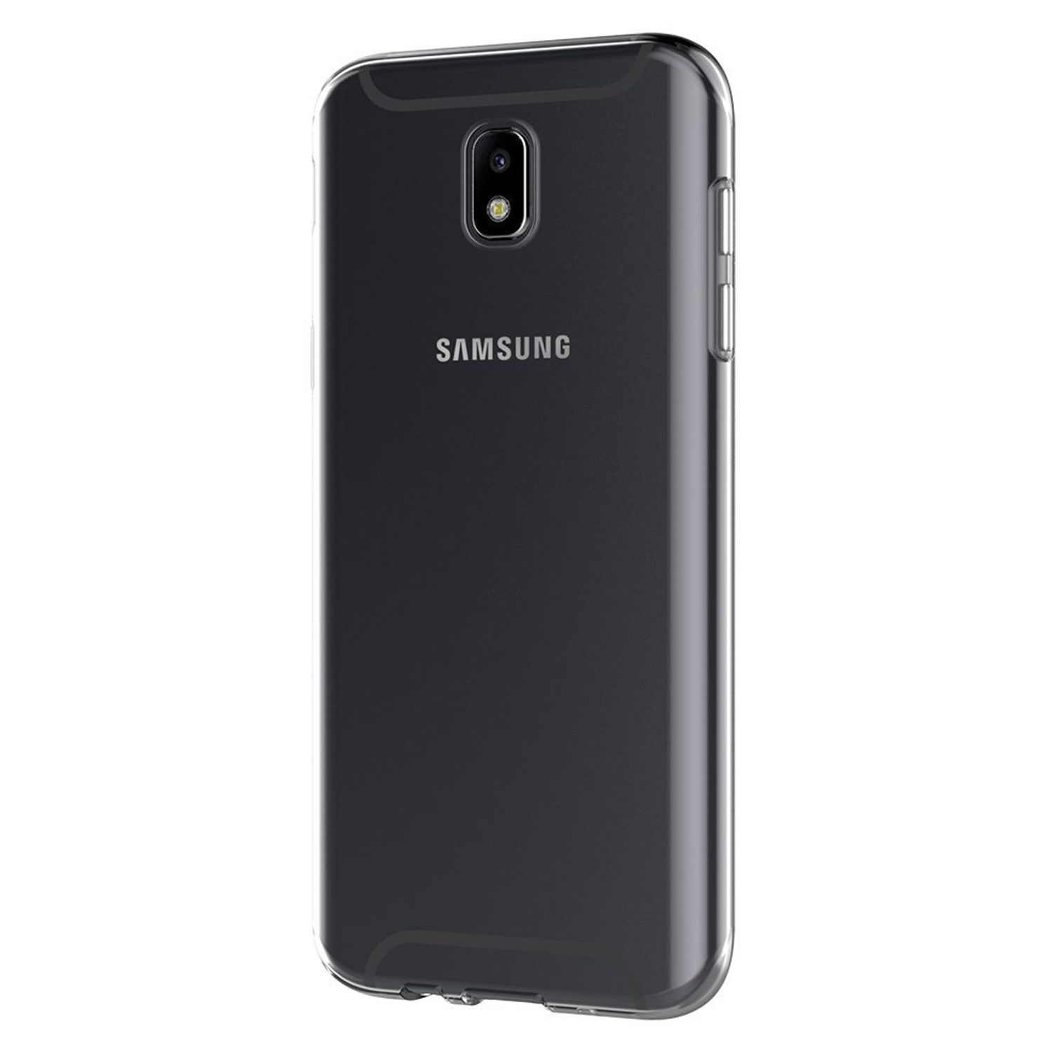 Transparente Handyhülle auf einem schwarzen Samsung-Telefon. Telefon ist vertikal ausgerichtet.