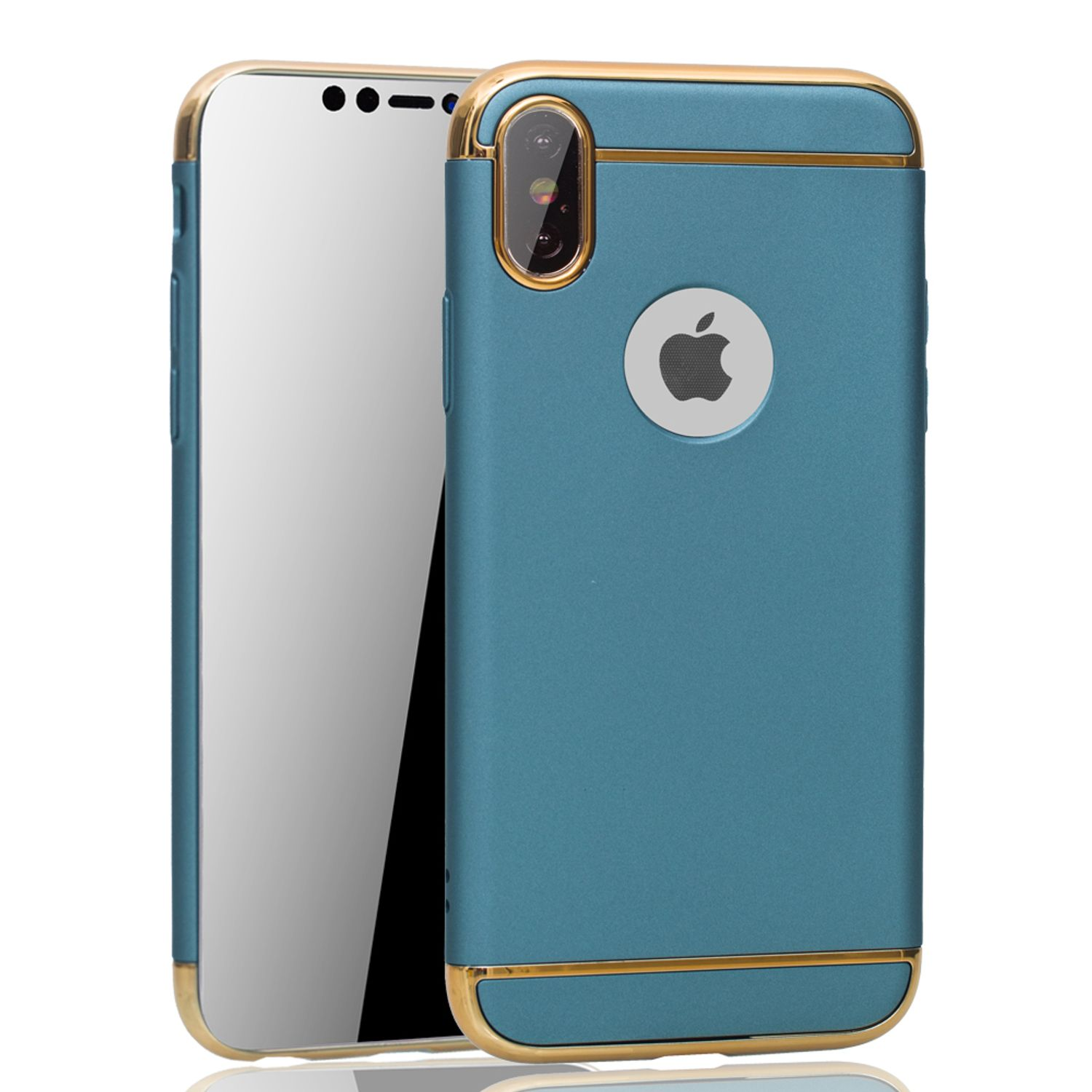 Telefon mit blauem Gehäuse und goldfarbenem Zierrat. Apple-Logo in der Mitte.