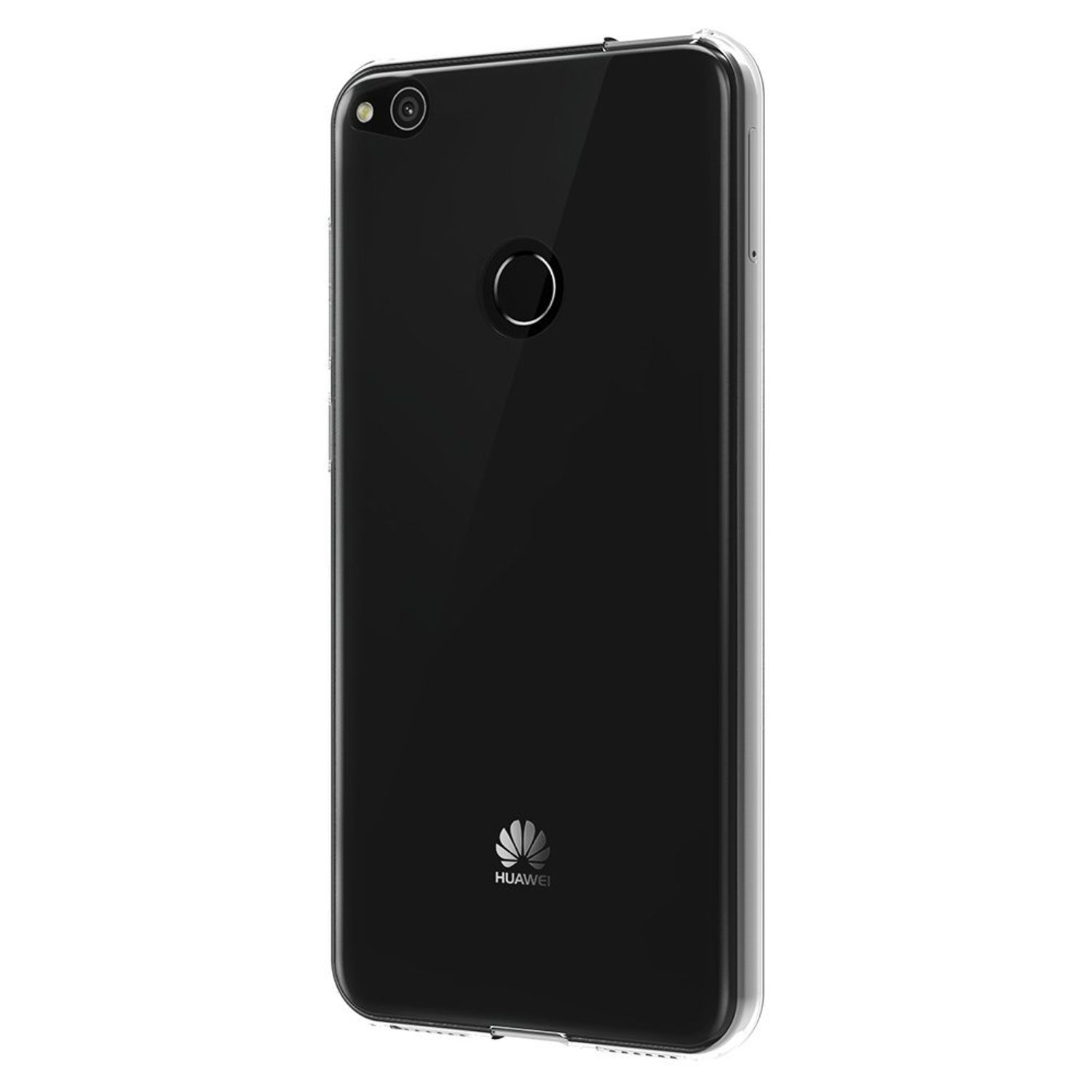 Schwarzes Telefon mit Huawei-Logo auf der Rückseite und einer durchsichtigen Hülle.