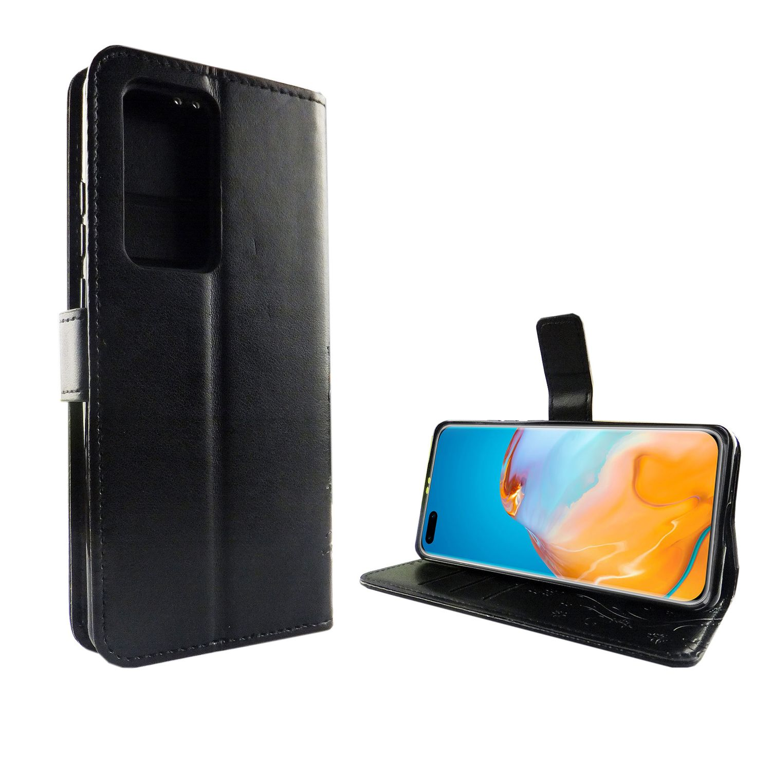 Eine schwarze Handyhülle mit Telefon, offen, mit Magnetverschluss, stehend auf Weiß.