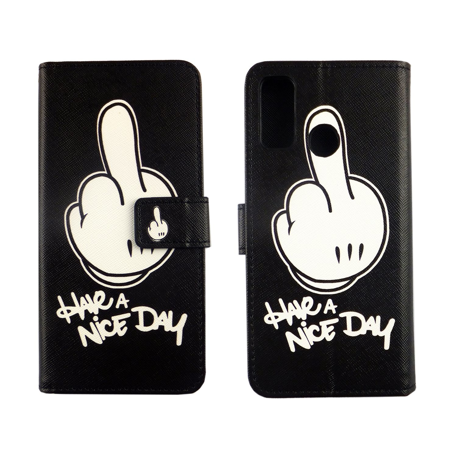 Schwarze Handyhülle mit weißer Hand, die den Mittelfinger zeigt. Darunter steht 'Have a nice day'.