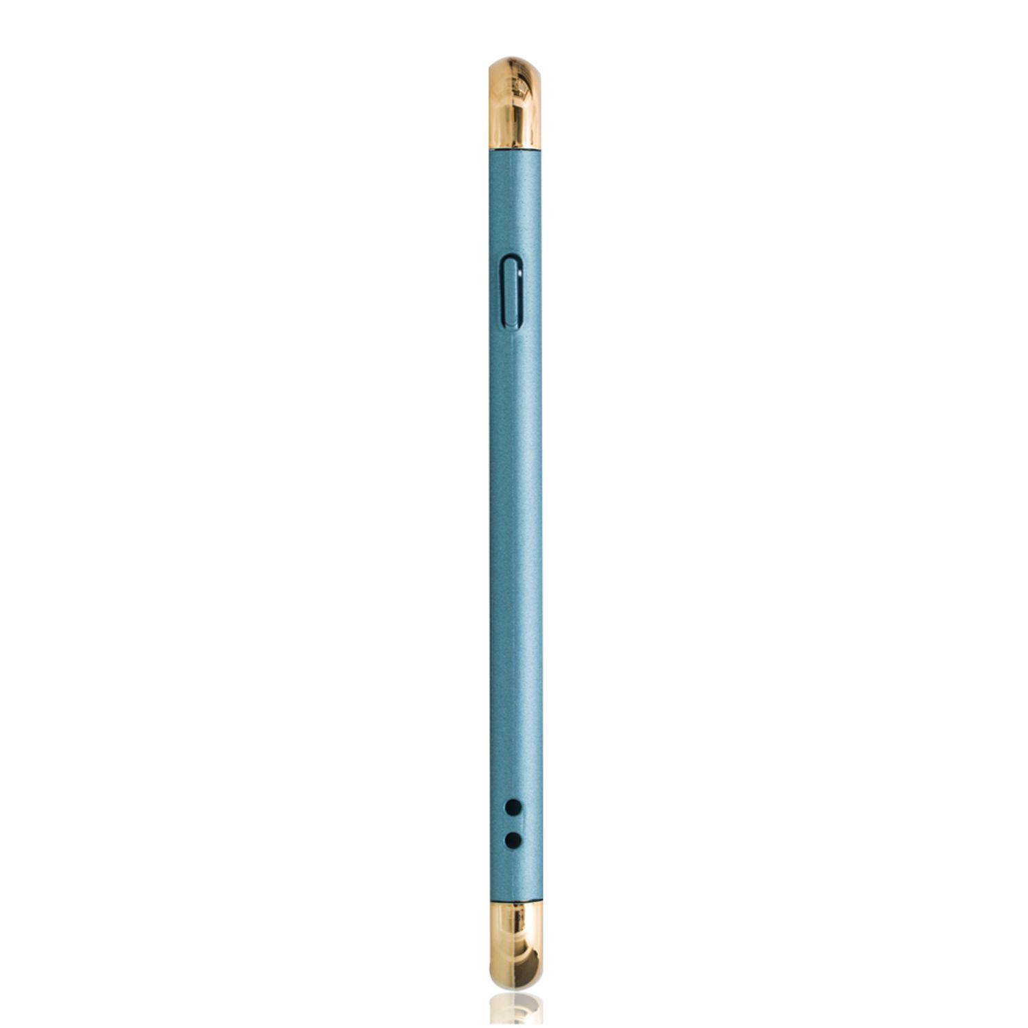 Seitenansicht einer hellblauen Handyhülle mit goldenen Akzenten oben und unten.