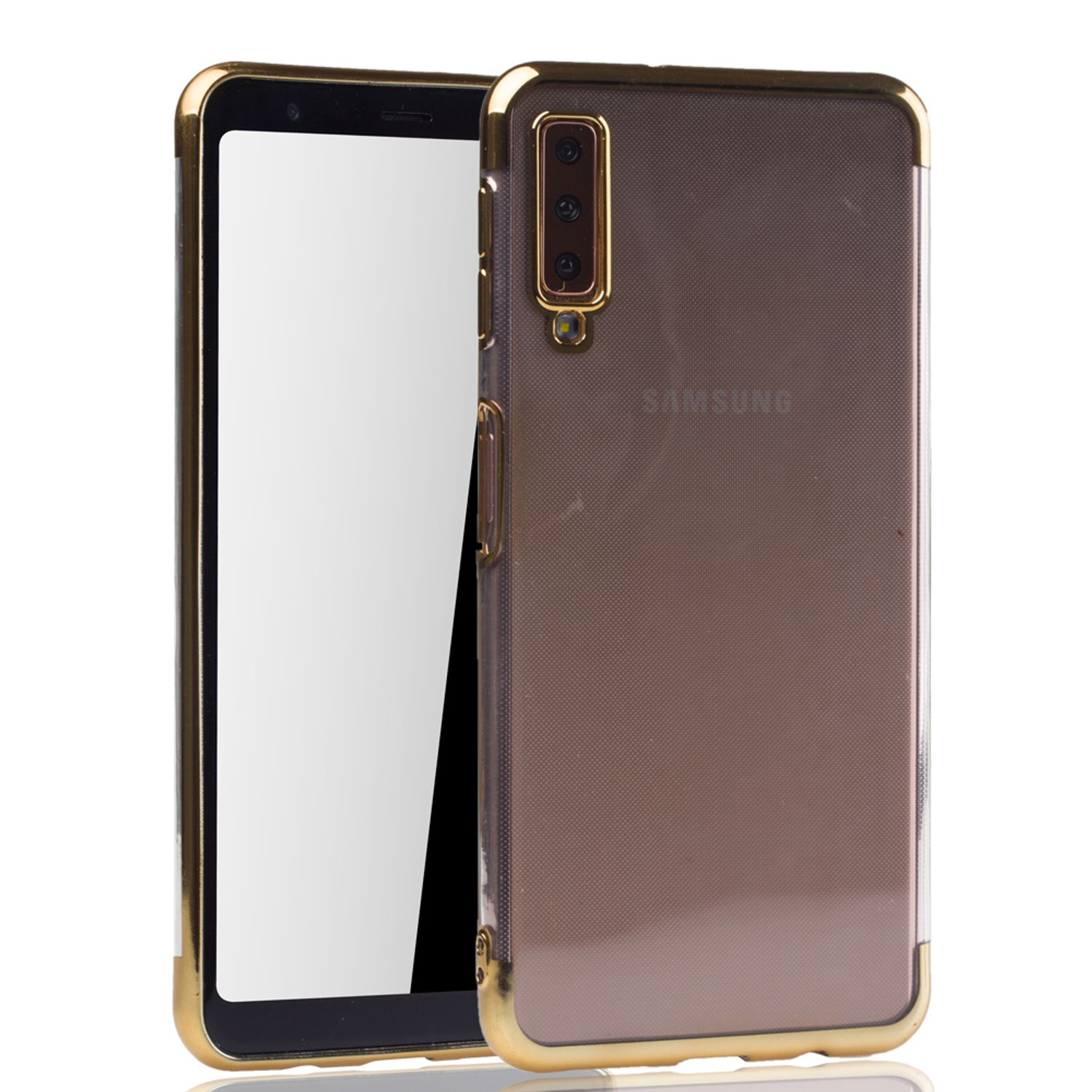 Goldgerahmte Handyhülle, Telefon sichtbar, mit hellbrauner Rückseite. Weißer Hintergrund.