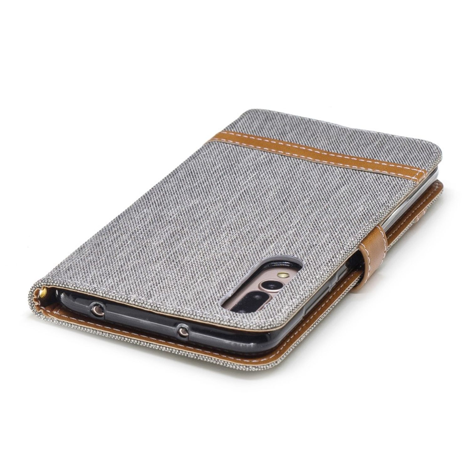 Telefonhülle offen, braun und grau. Telefon ist innen. Die Hülle hat einen Riemen.