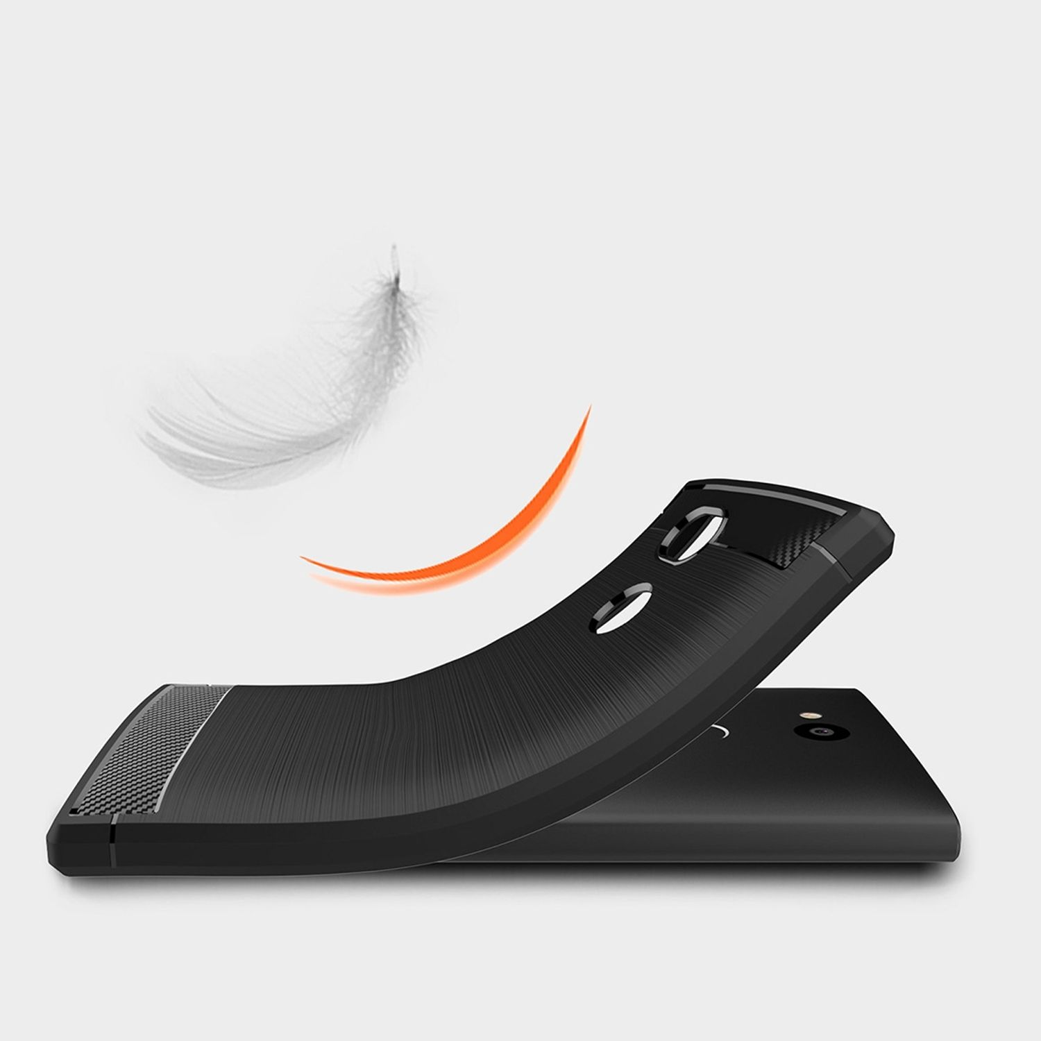 Schwarze Handyhülle biegt sich weg, mit Feder und orangem Bogen.