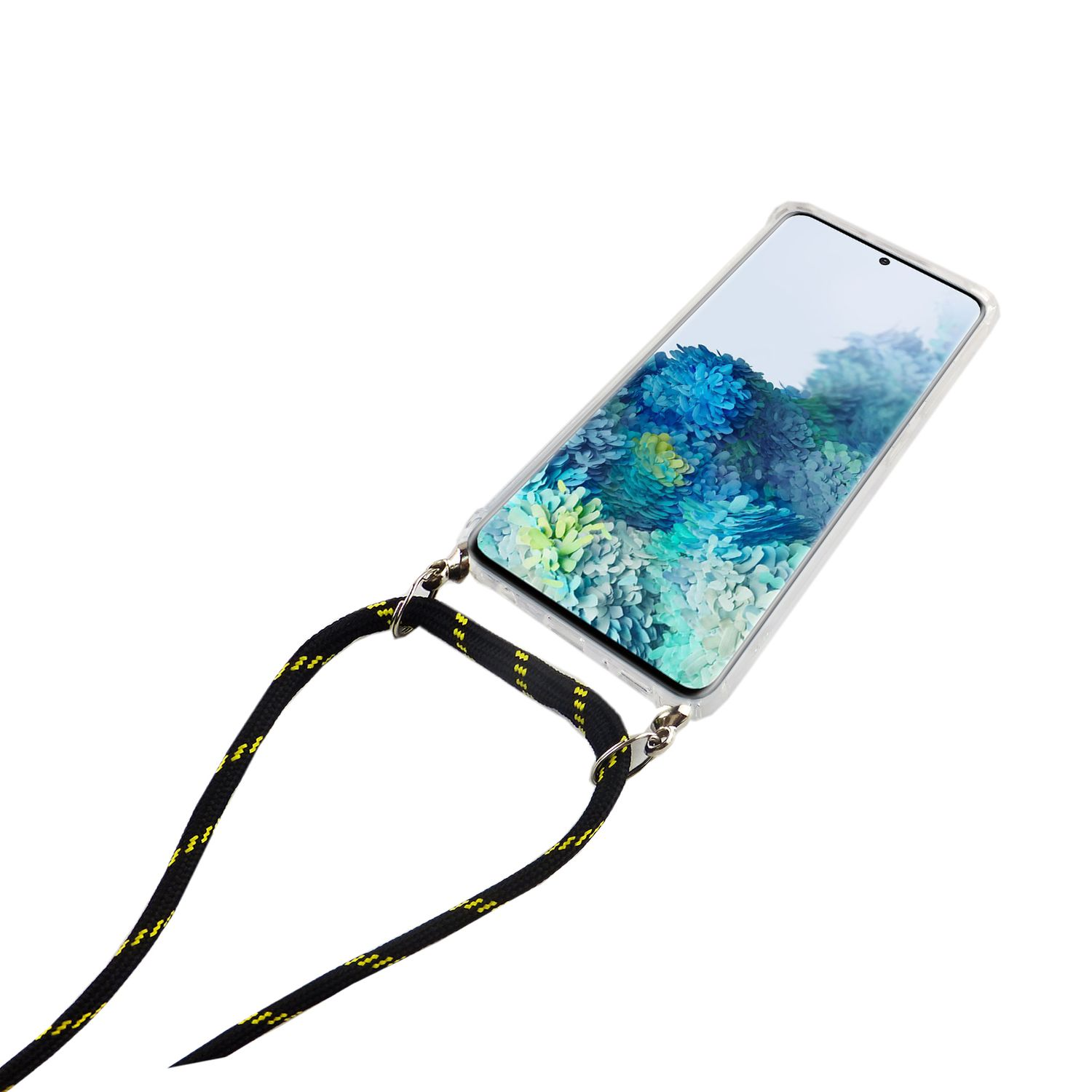 Telefon mit Lanyard, transparente Hülle, weißer Hintergrund.