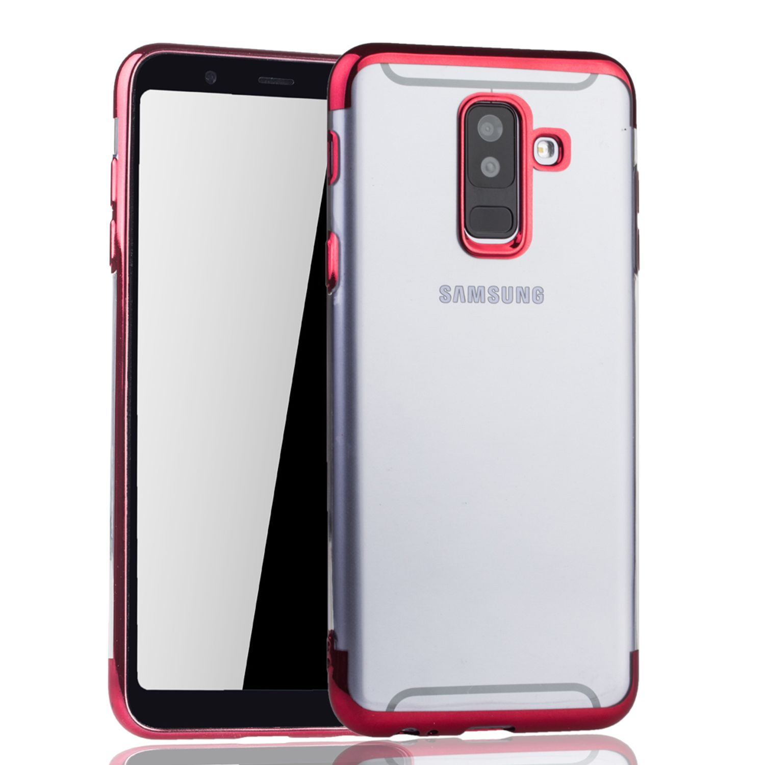 Ein Samsung-Telefon und eine rote Handyhülle. Weißer Hintergrund. Das Telefon befindet sich in der Hülle.