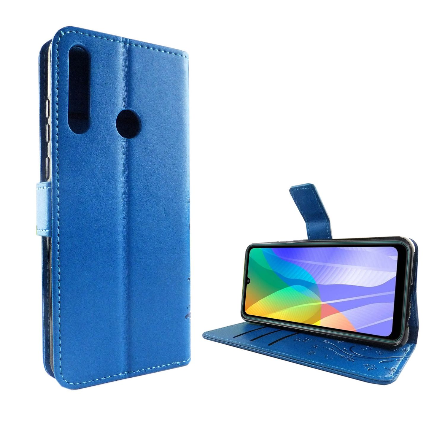 Blaue Handy-Brieftasche, geöffnet, zeigt Telefon und Kartenfach mit Blumendesign.