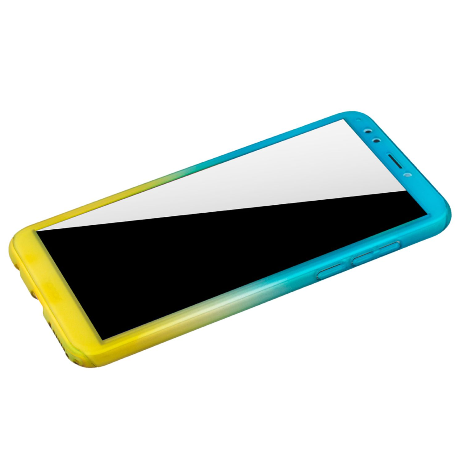 Ein Telefon in einer Hülle mit Farbverlauf, gelb bis blau, mit schwarzem Bildschirm. Weißer Hintergrund.