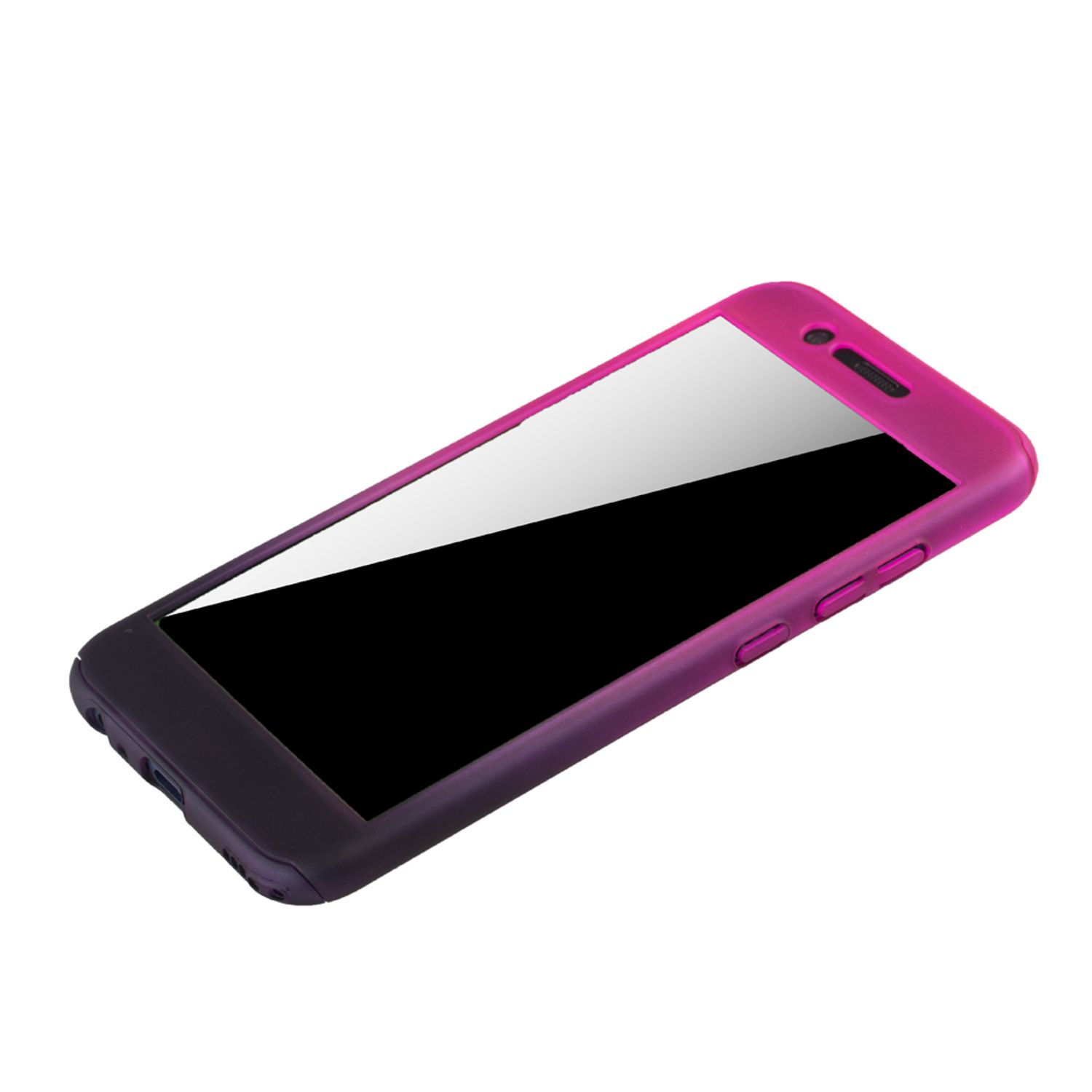 Eine pinke und lilafarbene Handyhülle auf weißem Hintergrund, das Telefon bedeckend.