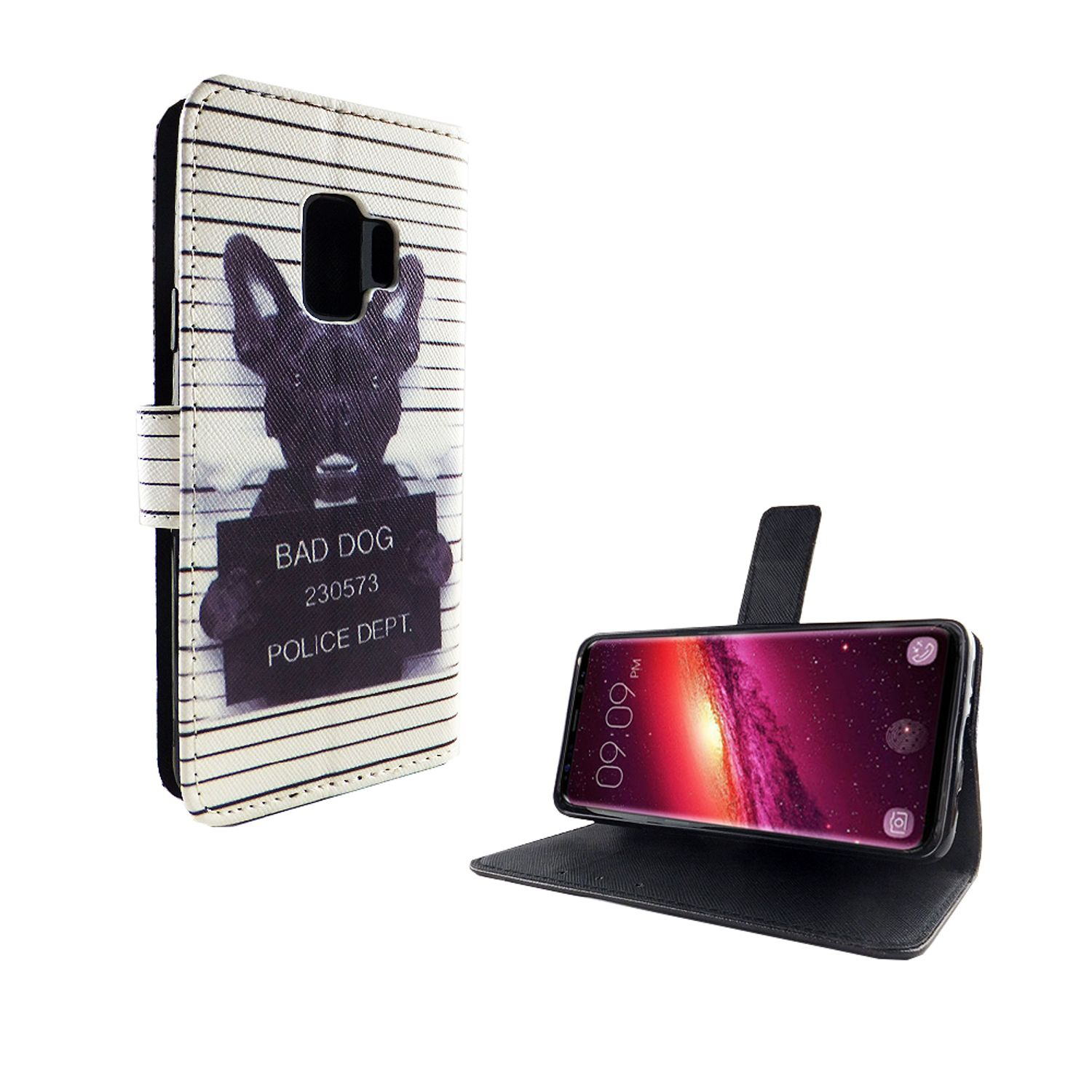 Handyhülle mit Hundefoto. Das Telefon ist geöffnet und zeigt den Bildschirm mit der Uhrzeit 9:09 Uhr.