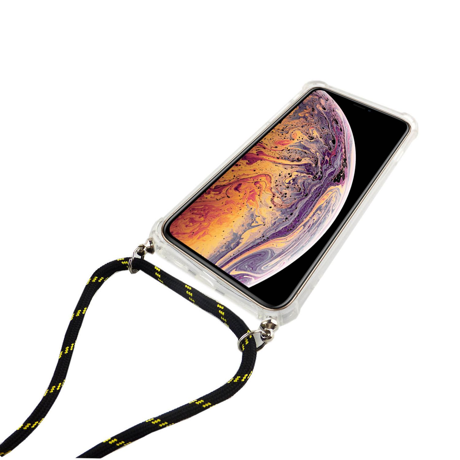 Telefon in klarer Hülle mit schwarzem und gelbem Seilriemen.