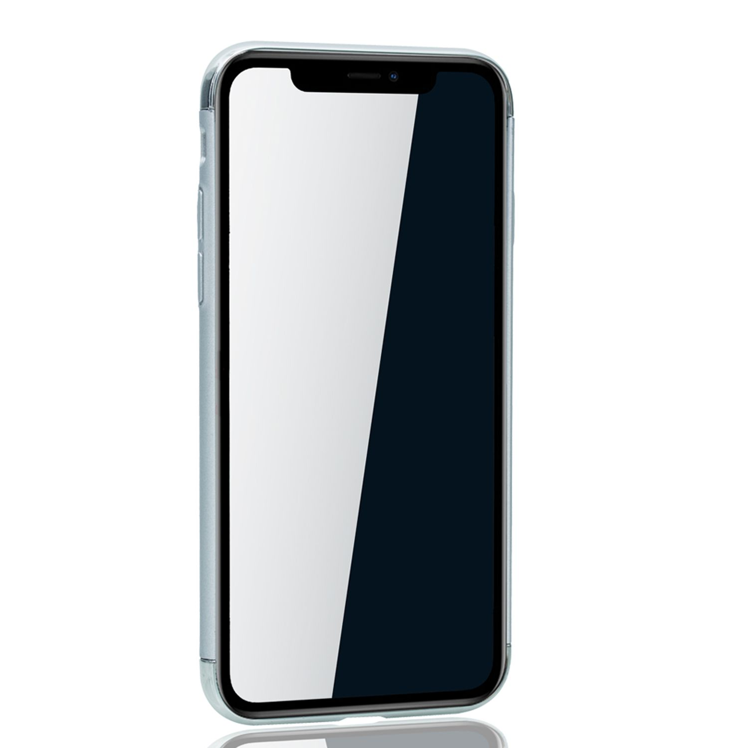 Ein Handy mit eingeschaltetem Bildschirm in einer transparenten Hülle.