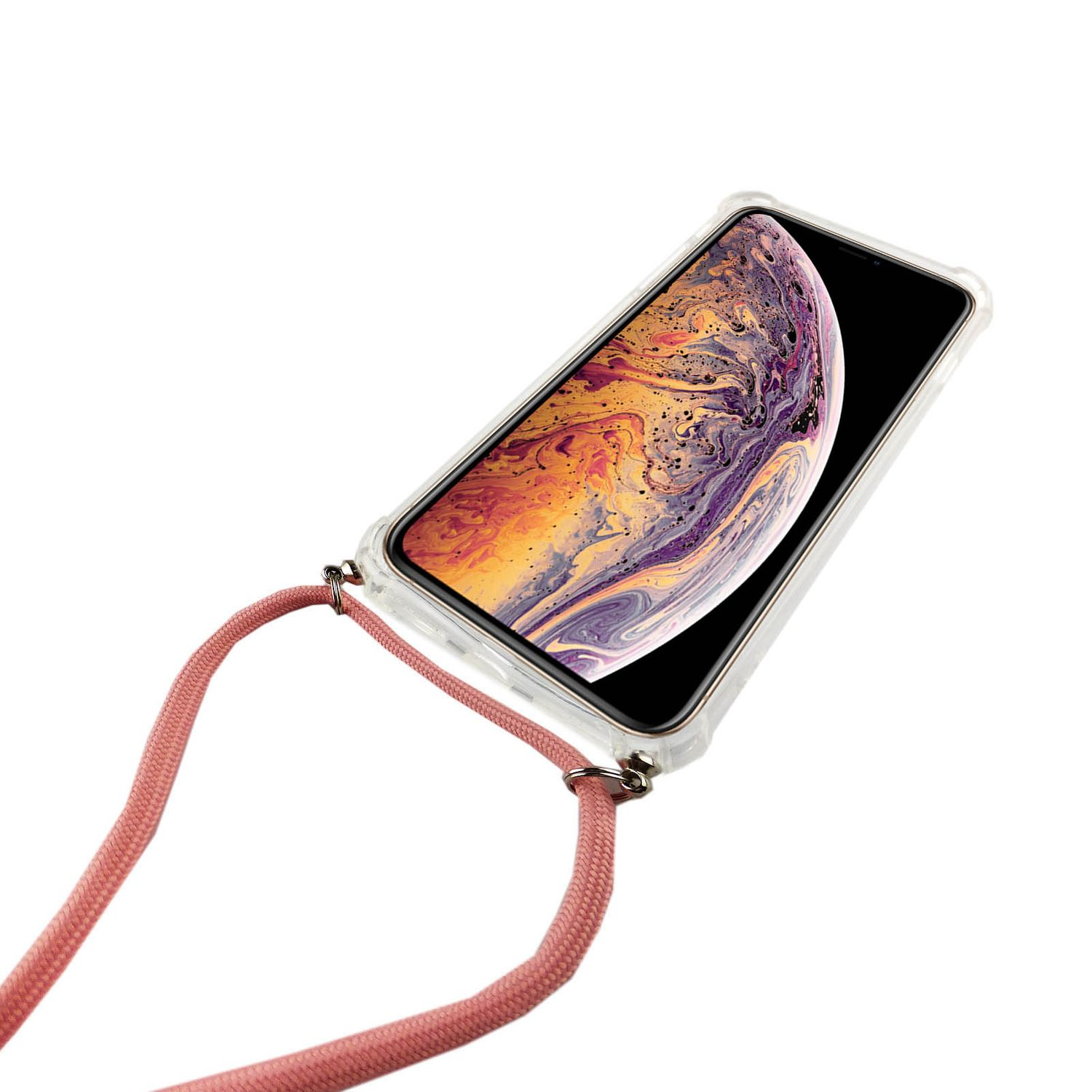 Telefon in einer transparenten Hülle mit rosa Kordel. Das Telefon zeigt ein Bild.