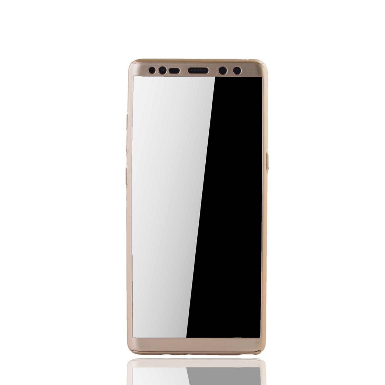 Goldenes Telefon mit schwarzem Bildschirm. Weißer Hintergrund.