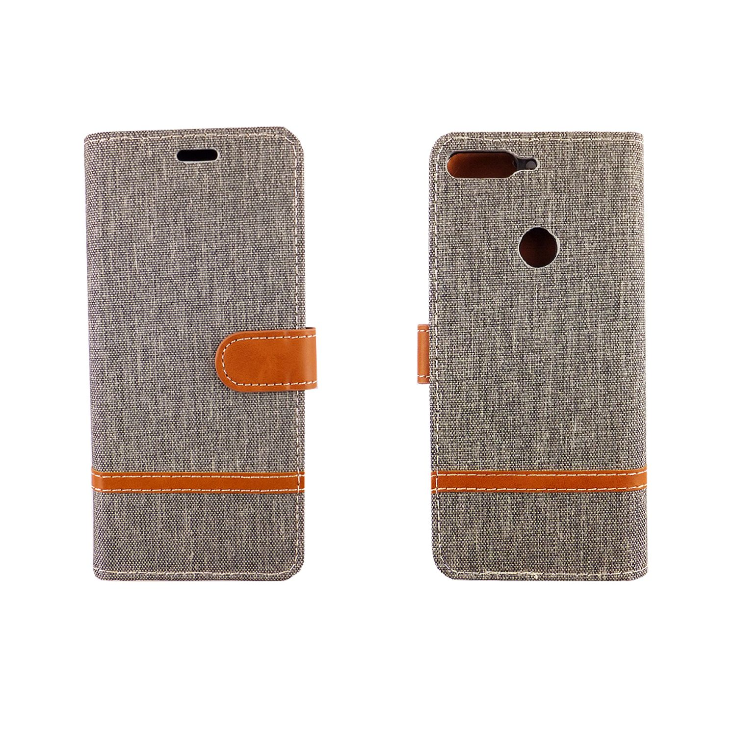 Eine Handyhülle, grau mit braunem Riemen und Design.