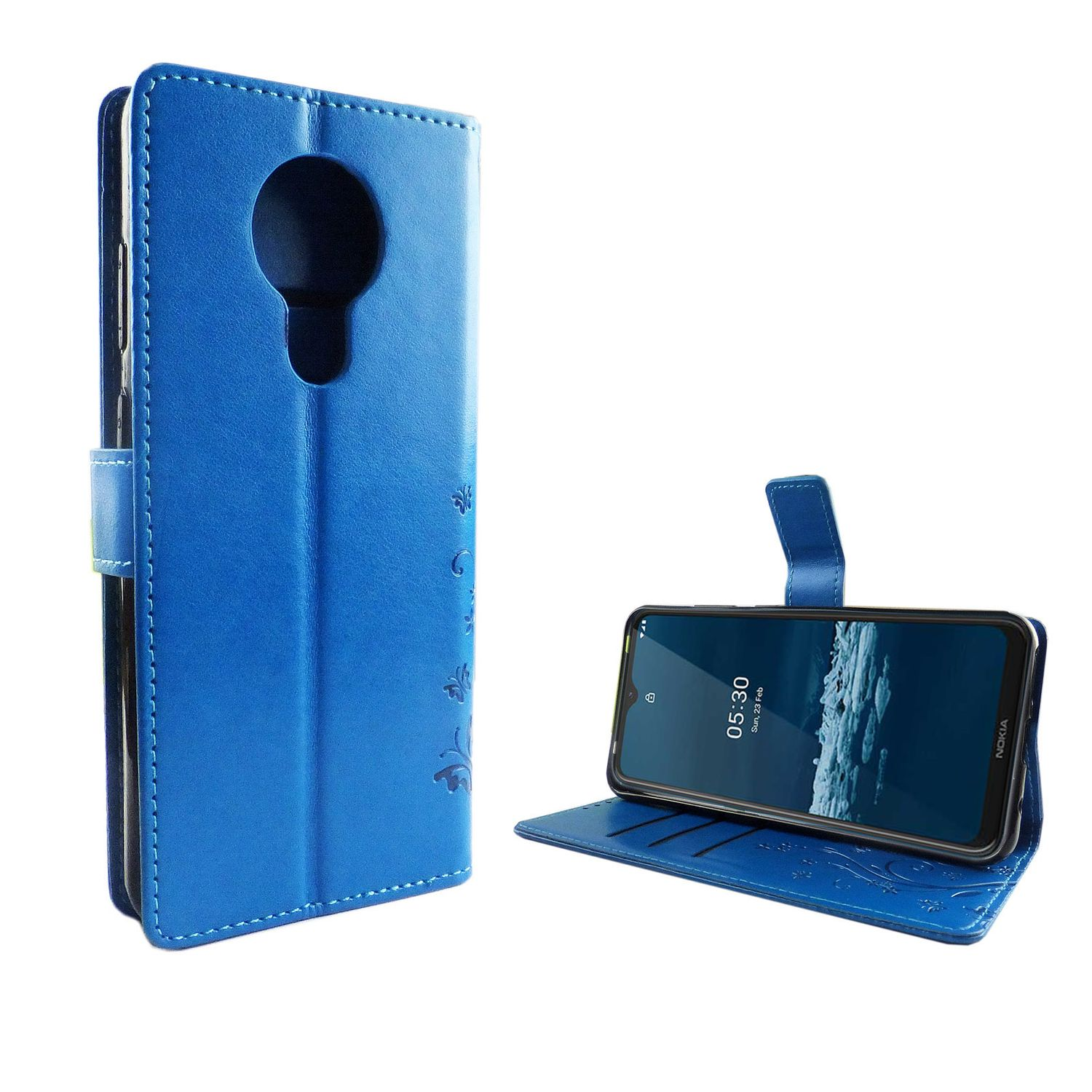 Blaue Handyhülle offen, zeigt das Telefon. Weißer Hintergrund.