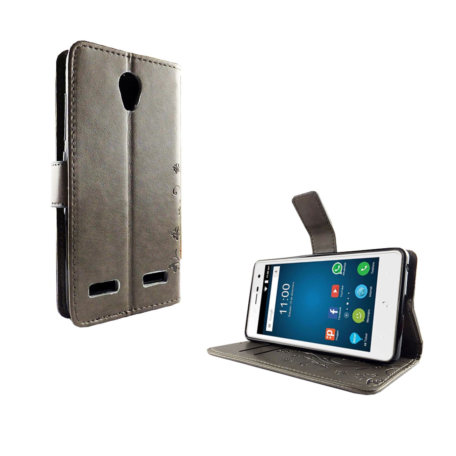 Graue Handyhülle geöffnet mit Telefon innen. Telefon zeigt Apps.