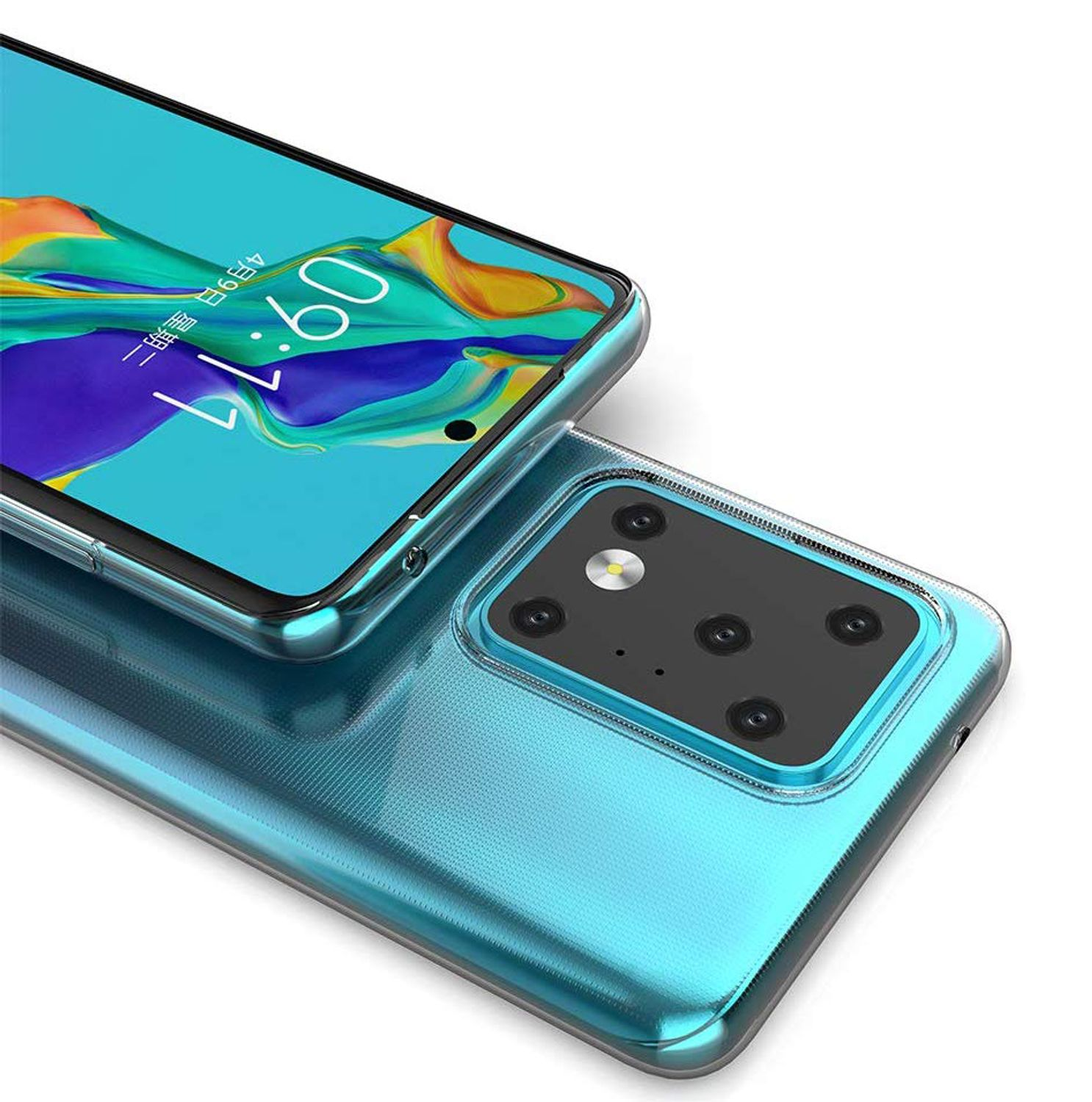 Telefon in blauem Case, Bildschirm an, Zeit angezeigt, mehrere Kameras. Nahaufnahme.