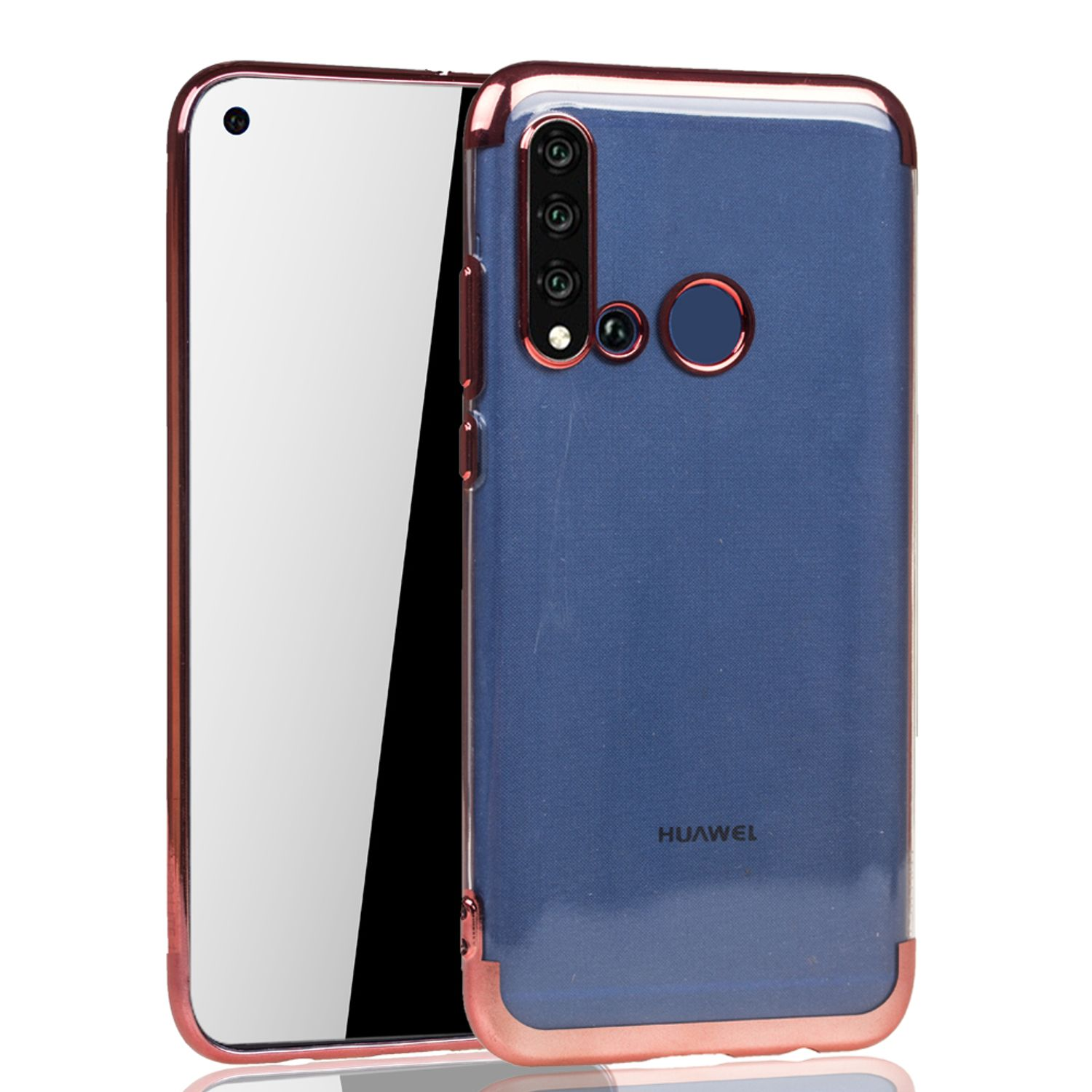 Handyhülle, blauer Rücken und roségoldene Kanten. Telefon vorne. Weißer Hintergrund.