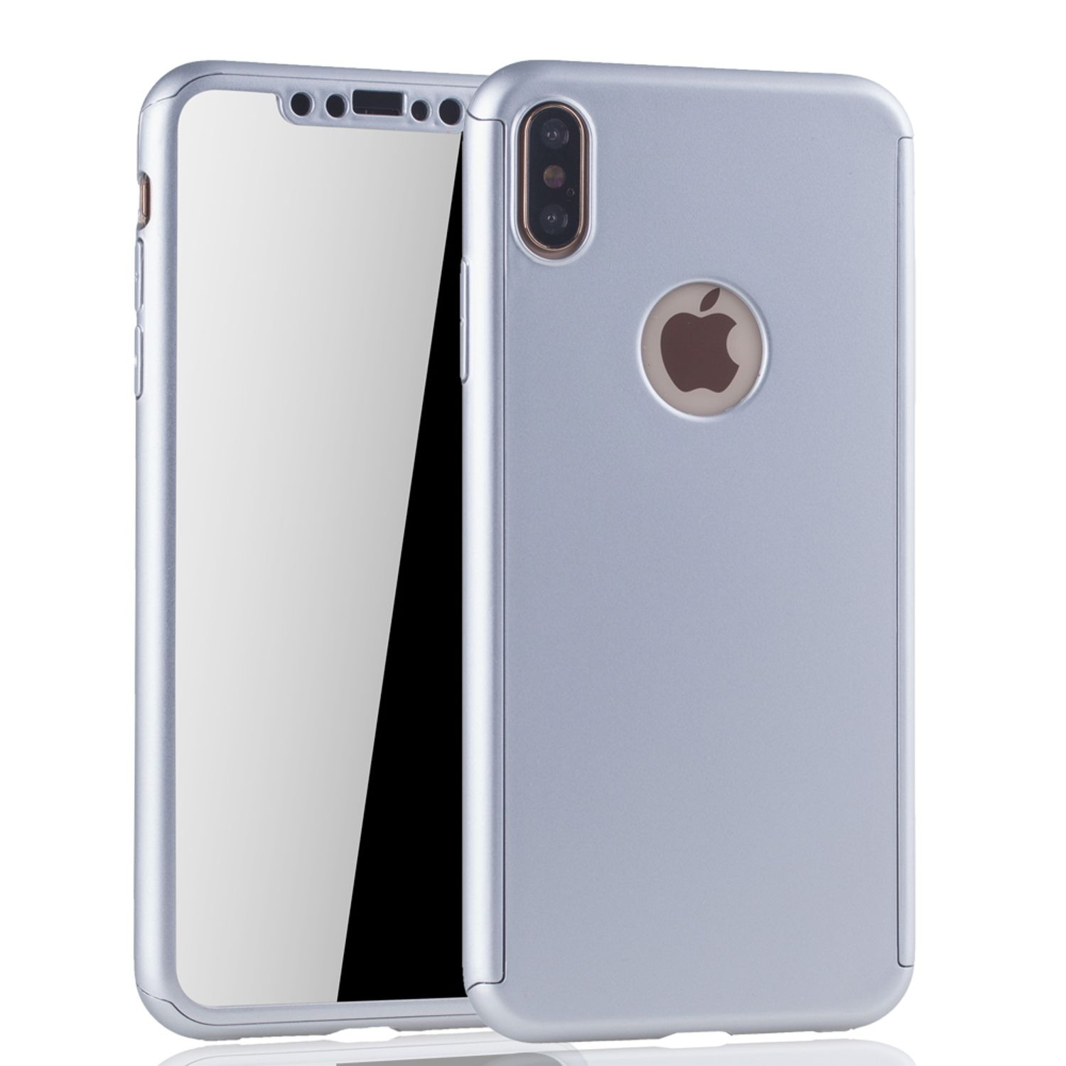 Silberne Handyhülle mit hellblauem Telefon. Die Hülle hat ein Apple-Logo.