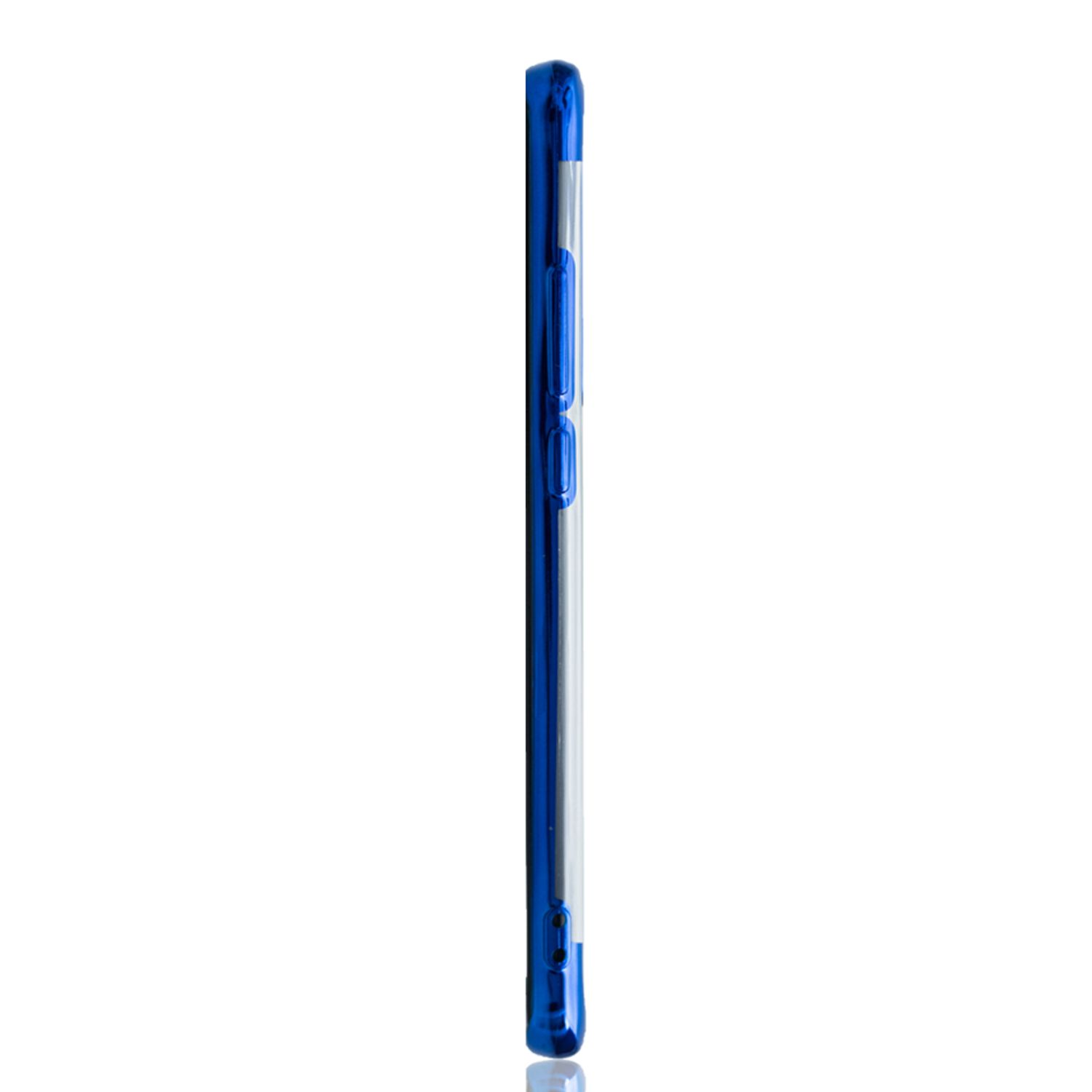 Seitenansicht einer blauen, transparenten Handyhülle. Die Hülle befindet sich auf weißem Hintergrund.