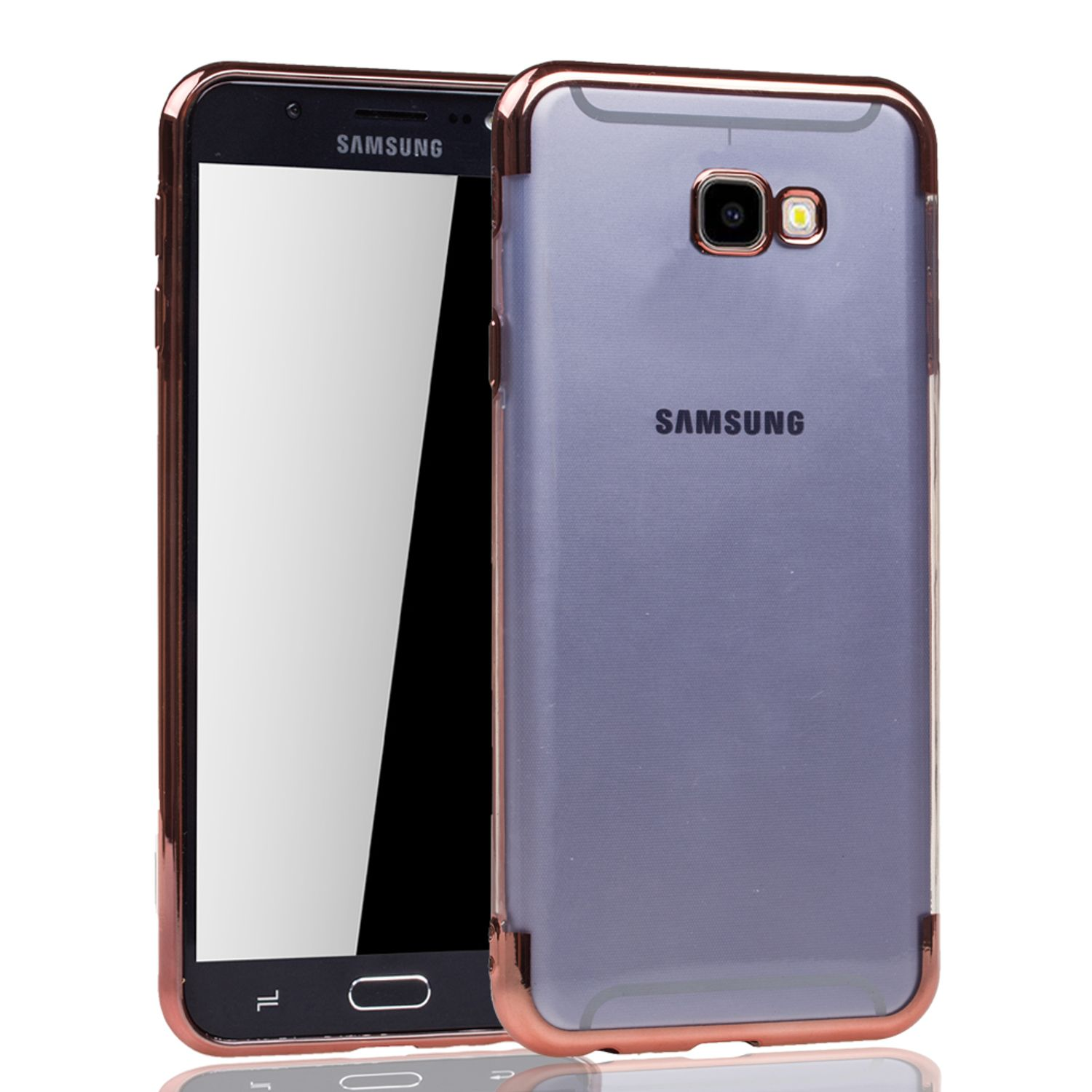 Samsung-Telefon in transparenter Hülle mit roségoldfarbenem Rand. Telefon ist angewinkelt, weißer Hintergrund. Samsung-Logo.
