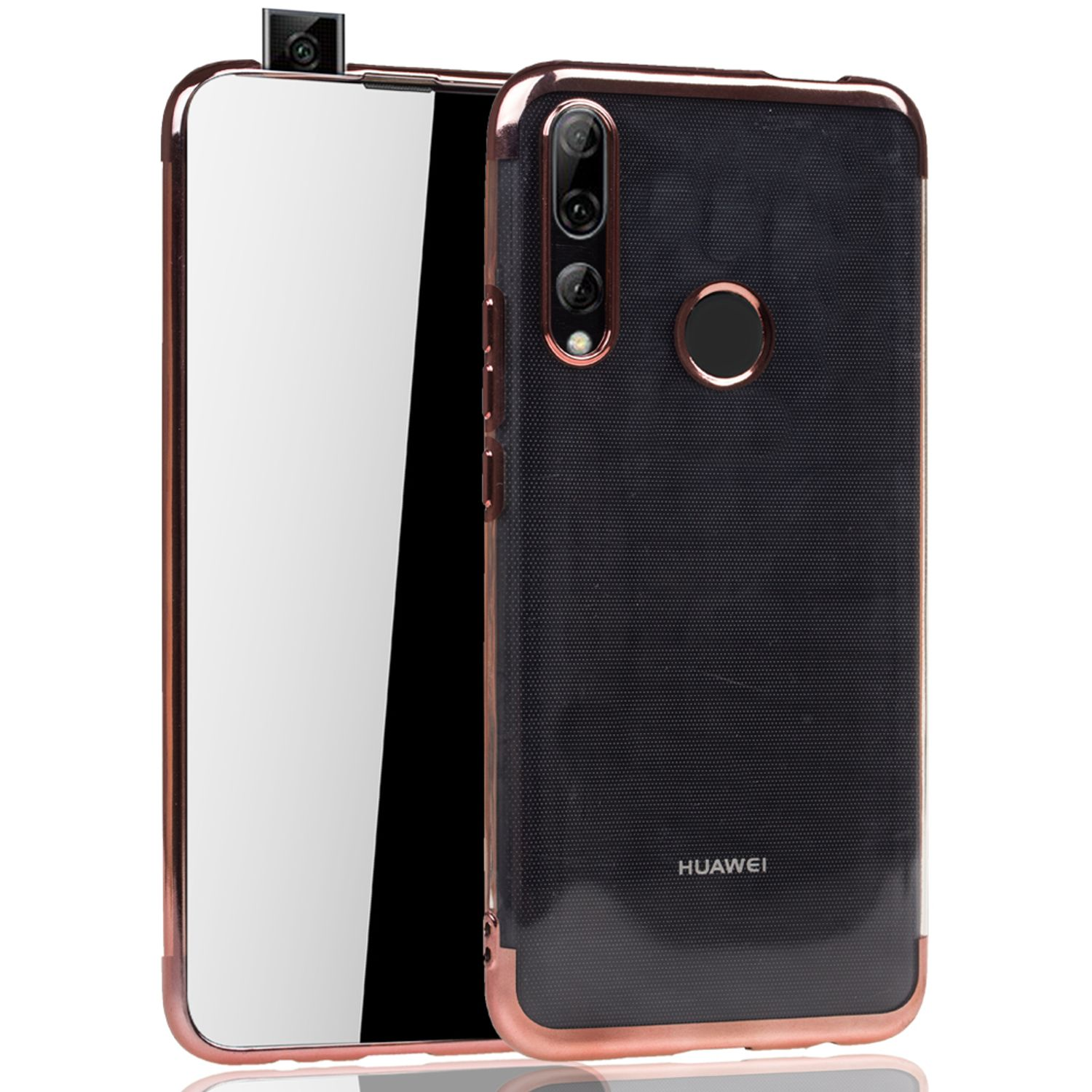 Eine Handyhülle mit roségoldenen Kanten und schwarzer Rückseite. Das Telefon befindet sich darin und zeigt das HUAWEI-Logo.