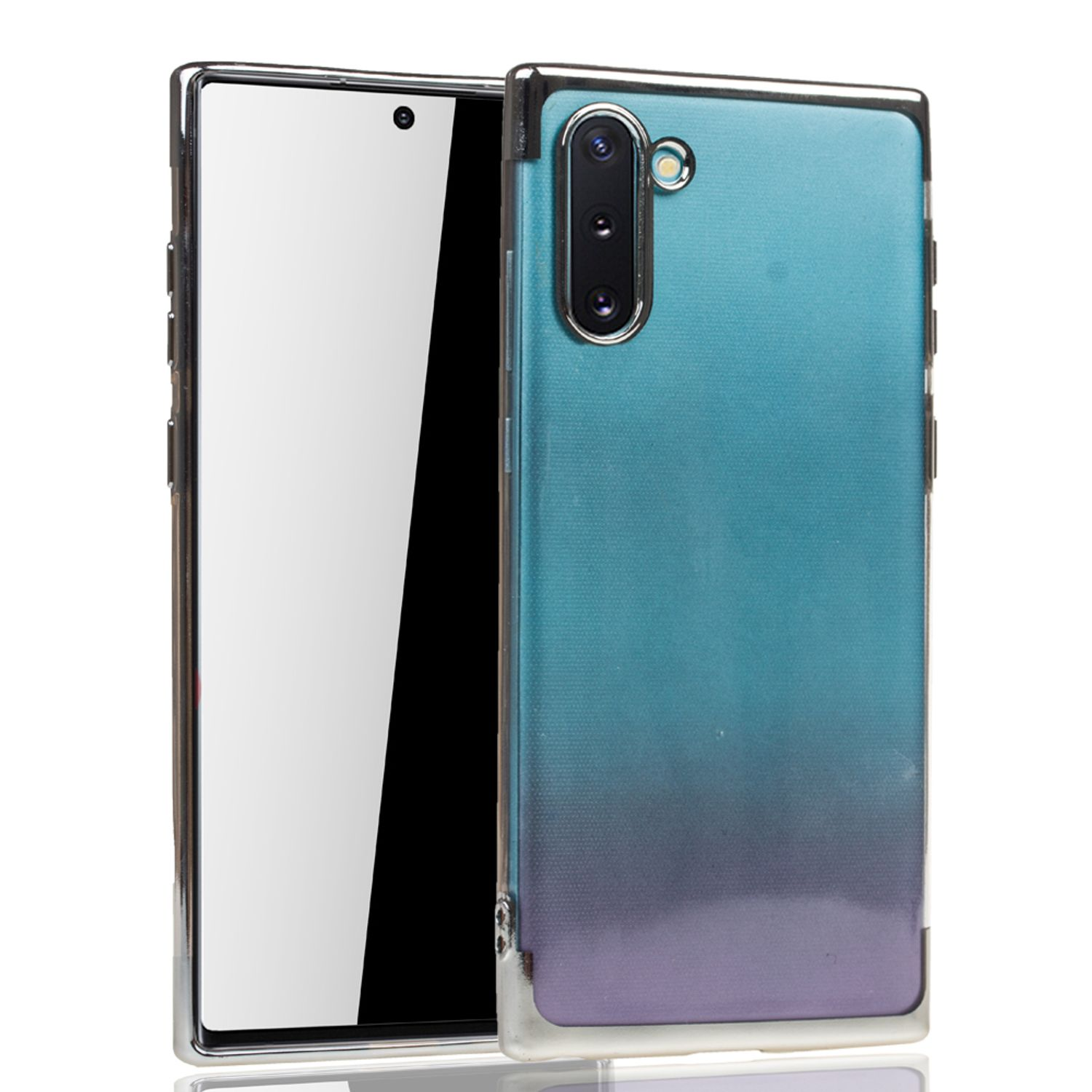 Telefon in einer blau-violetten Farbverlaufshülle auf weißer Oberfläche.