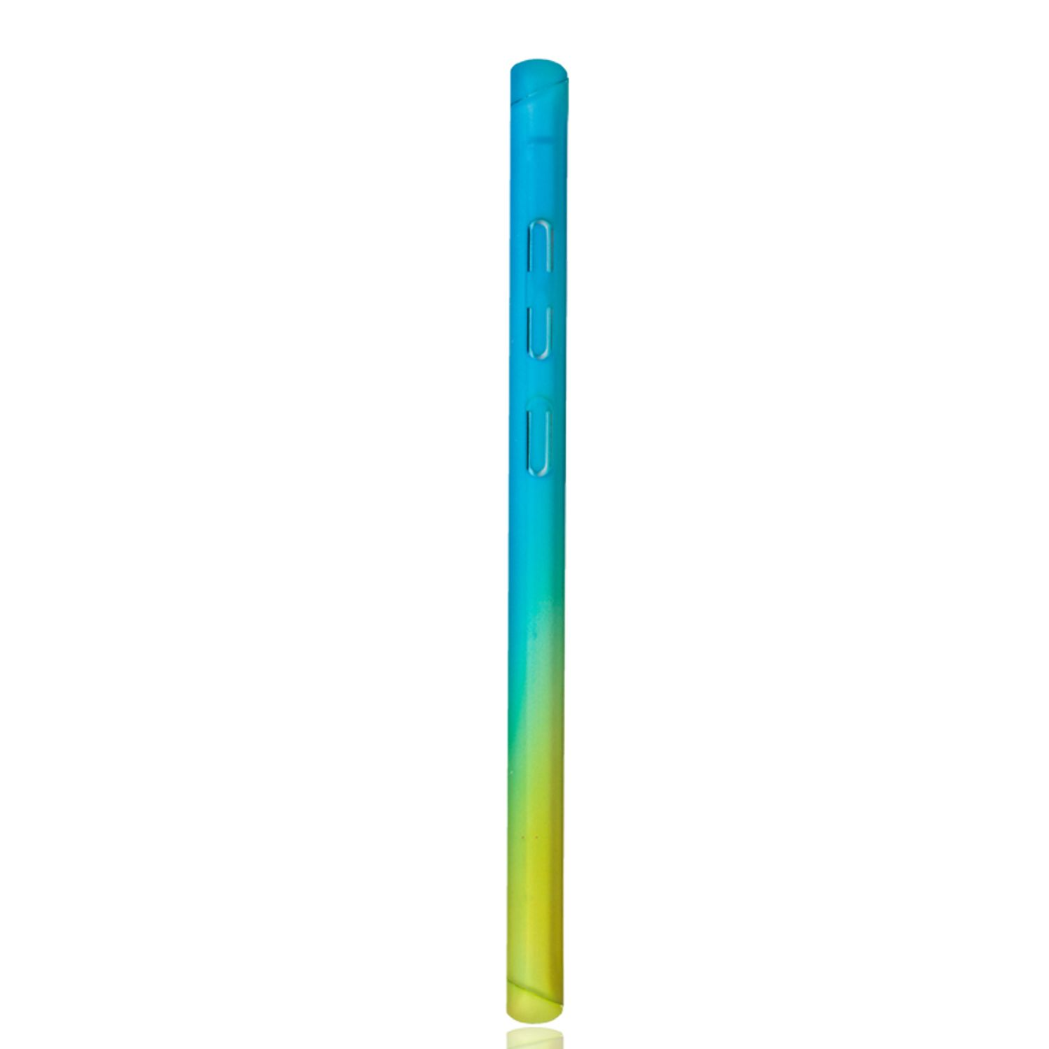 Seitenansicht einer Handyhülle. Die Hülle ist verläuft, blau, grün und gelb. Der Hintergrund ist weiß.