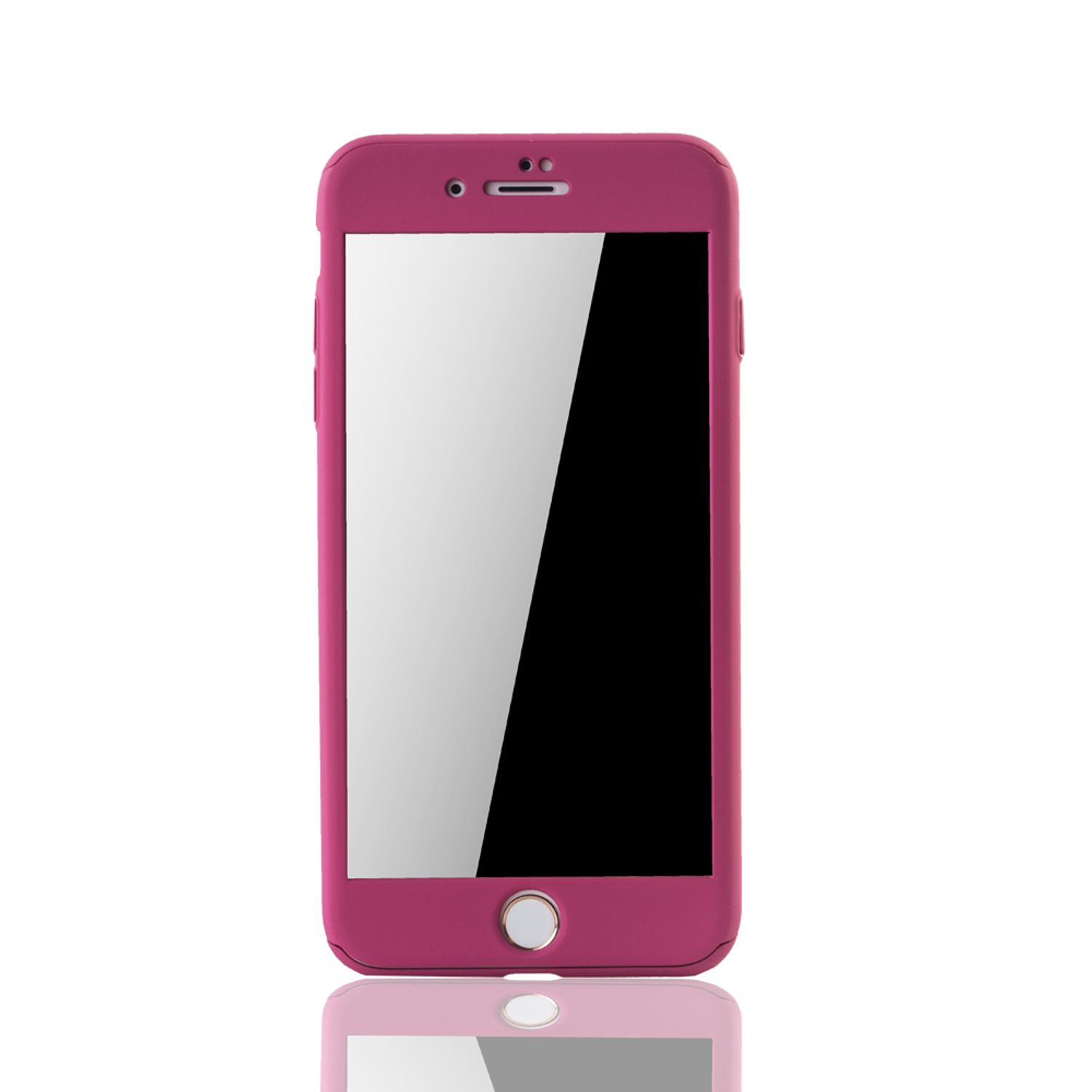 Eine rosa Handyhülle. Das Telefon ist darin. Es hat einen weißen Bildschirm. Die Hülle ist offen.
