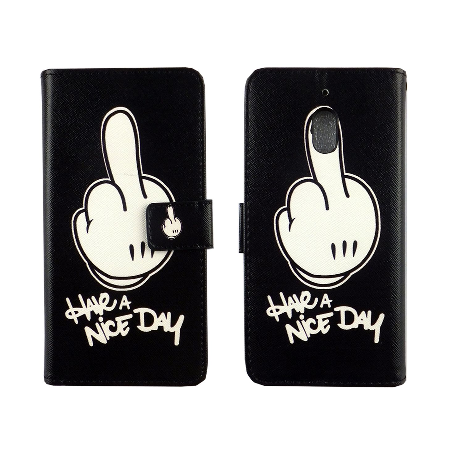 Schwarze Handyhülle mit weißer Hand, die den Mittelfinger zeigt, Text: „Have a nice day“. Geschlossene und offene Hülle.