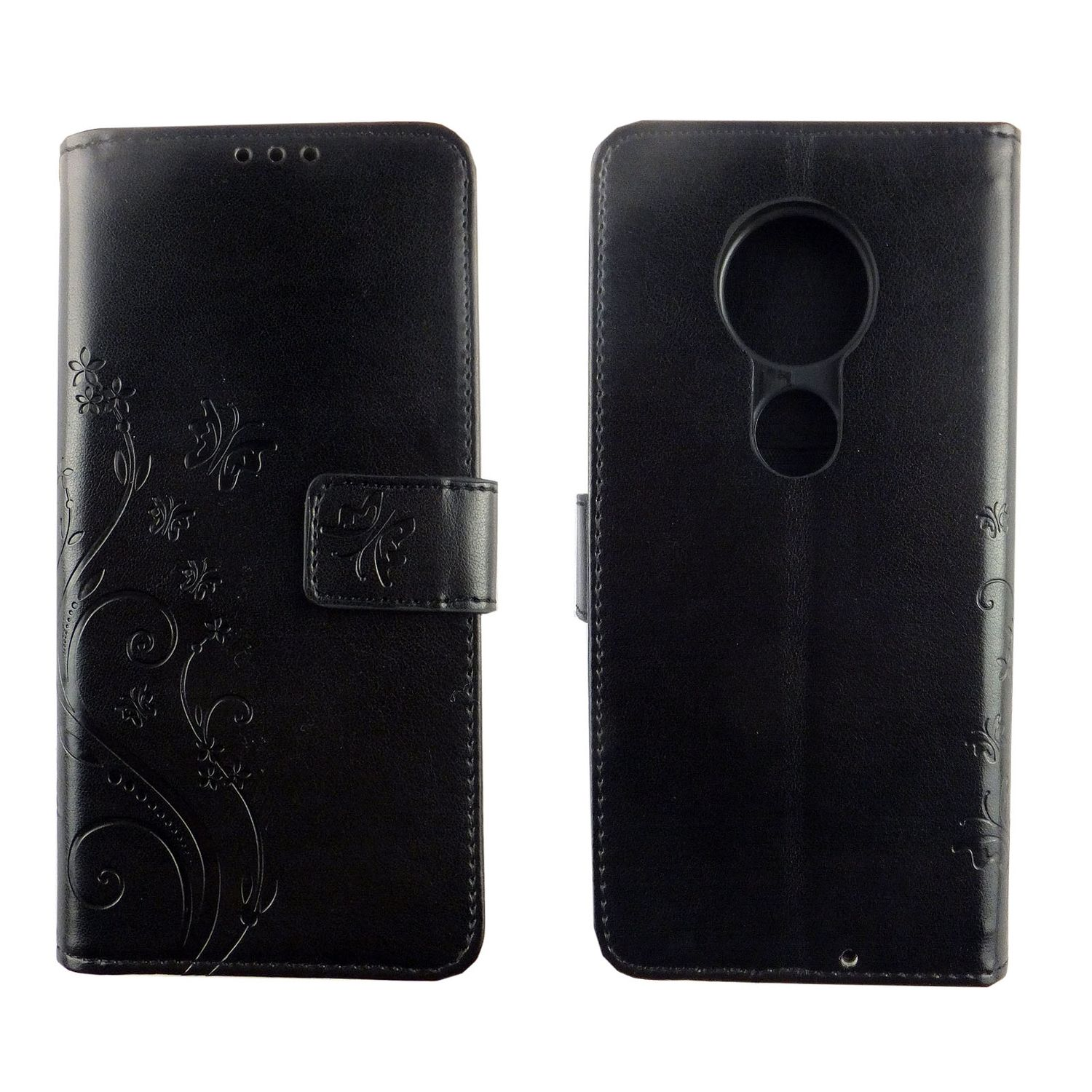 Schwarze Handyhülle mit floralem Design, offen und geschlossen. Isoliert auf weißem Hintergrund.