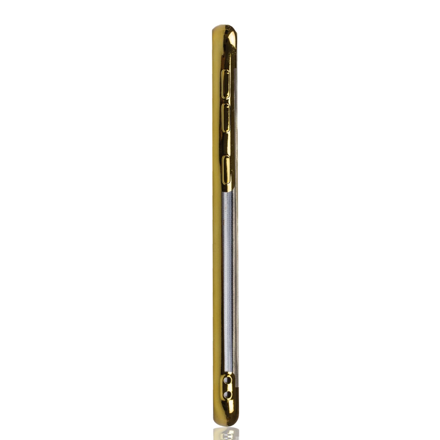 Telefon-Seitenansicht. Goldener Rahmen. Seitenansicht zeigt Profil und goldene Akzente.