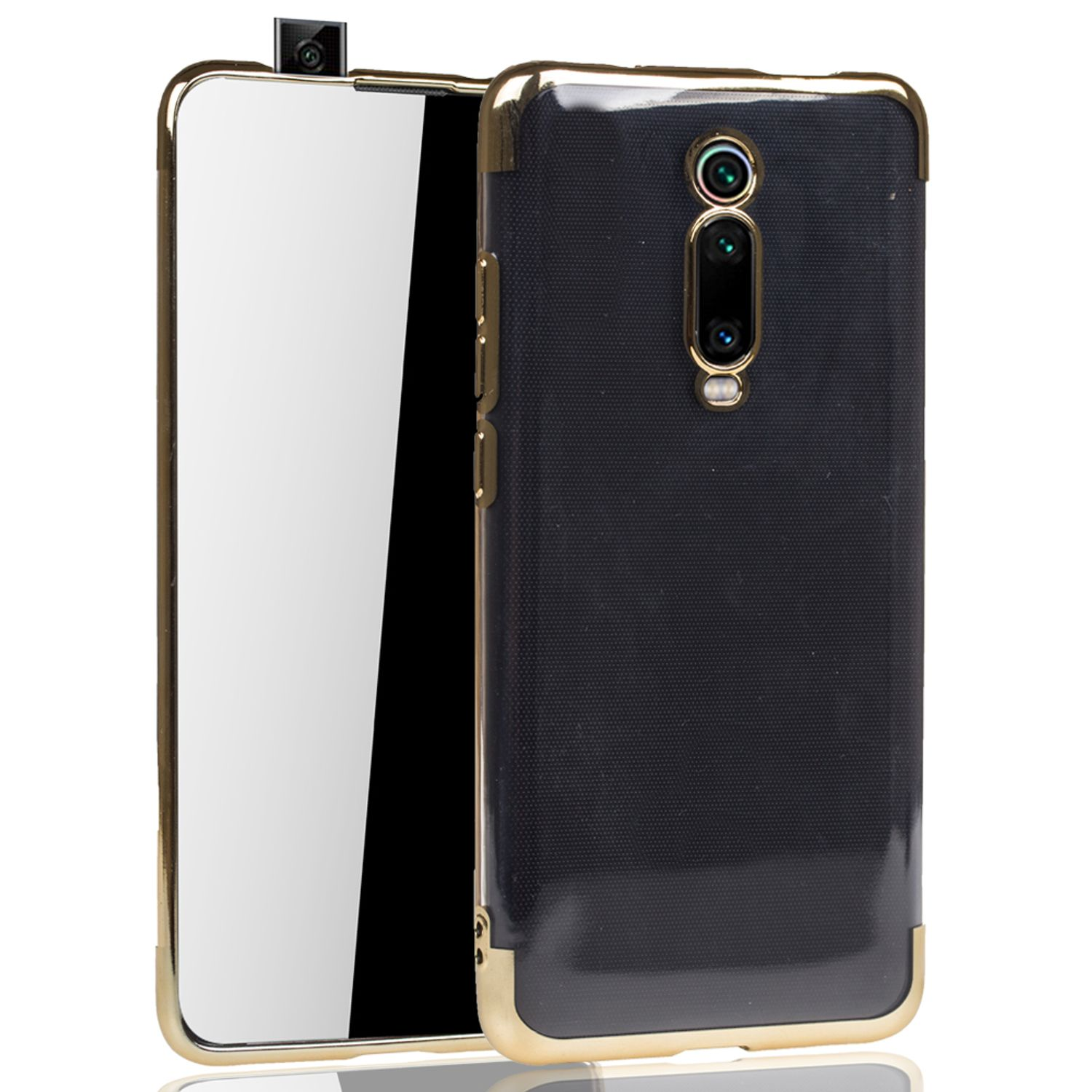 Schwarze Handyhülle mit goldenem Rahmen und einem Telefon mit weißem Bildschirm.