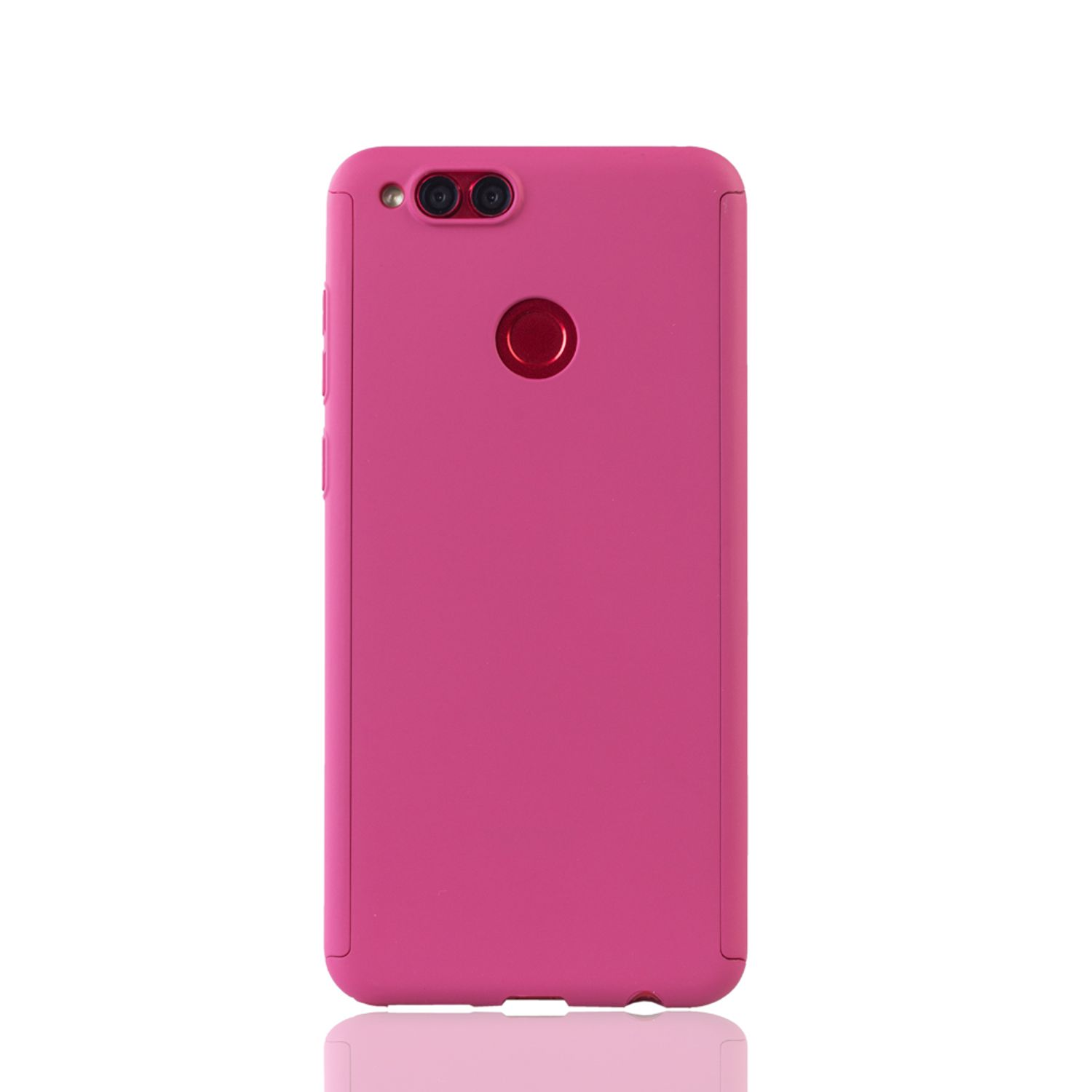Eine pinke Handyhülle mit Kamera und Blitz, rotem Kreis und Knöpfen.