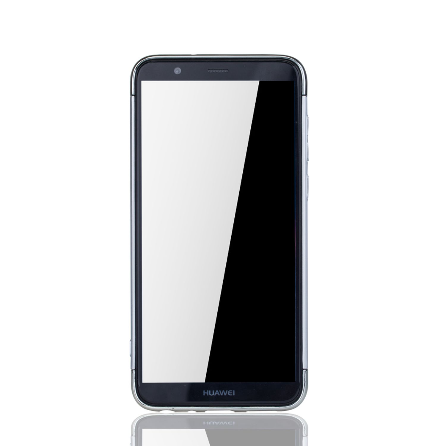 Schwarzes Telefon mit weißem Display, Vorderansicht. Weißer Hintergrund.