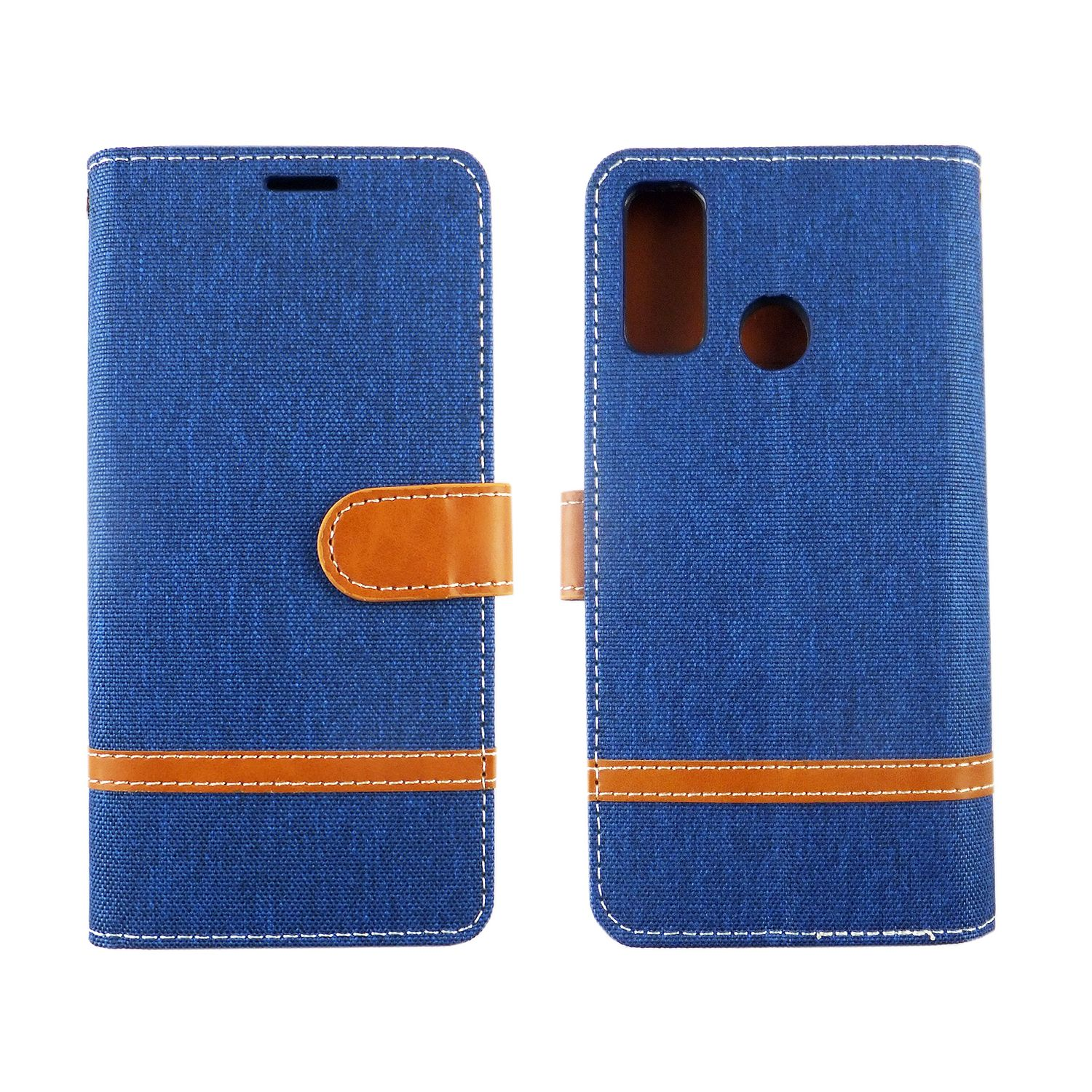 Blaue Handyhülle mit braunem Streifen und Verschluss. Weiße Nähte. Ansichten offen und geschlossen.