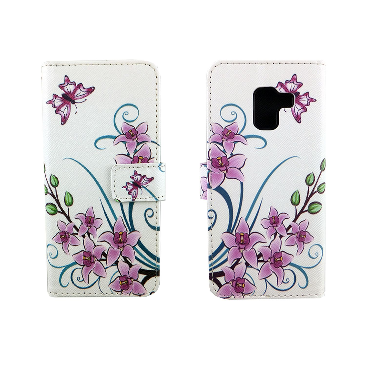 Weißes Handycase mit lila Blumendesign und Schmetterlingen. Offene und geschlossene Ansicht.