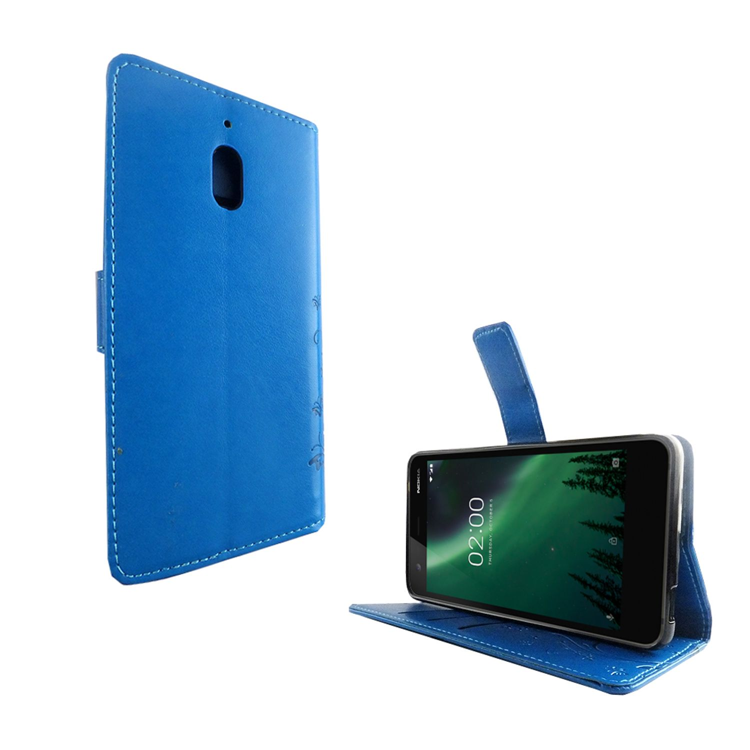 Blaue Leder-Handyhülle mit offenem Telefon. Weißer Hintergrund.