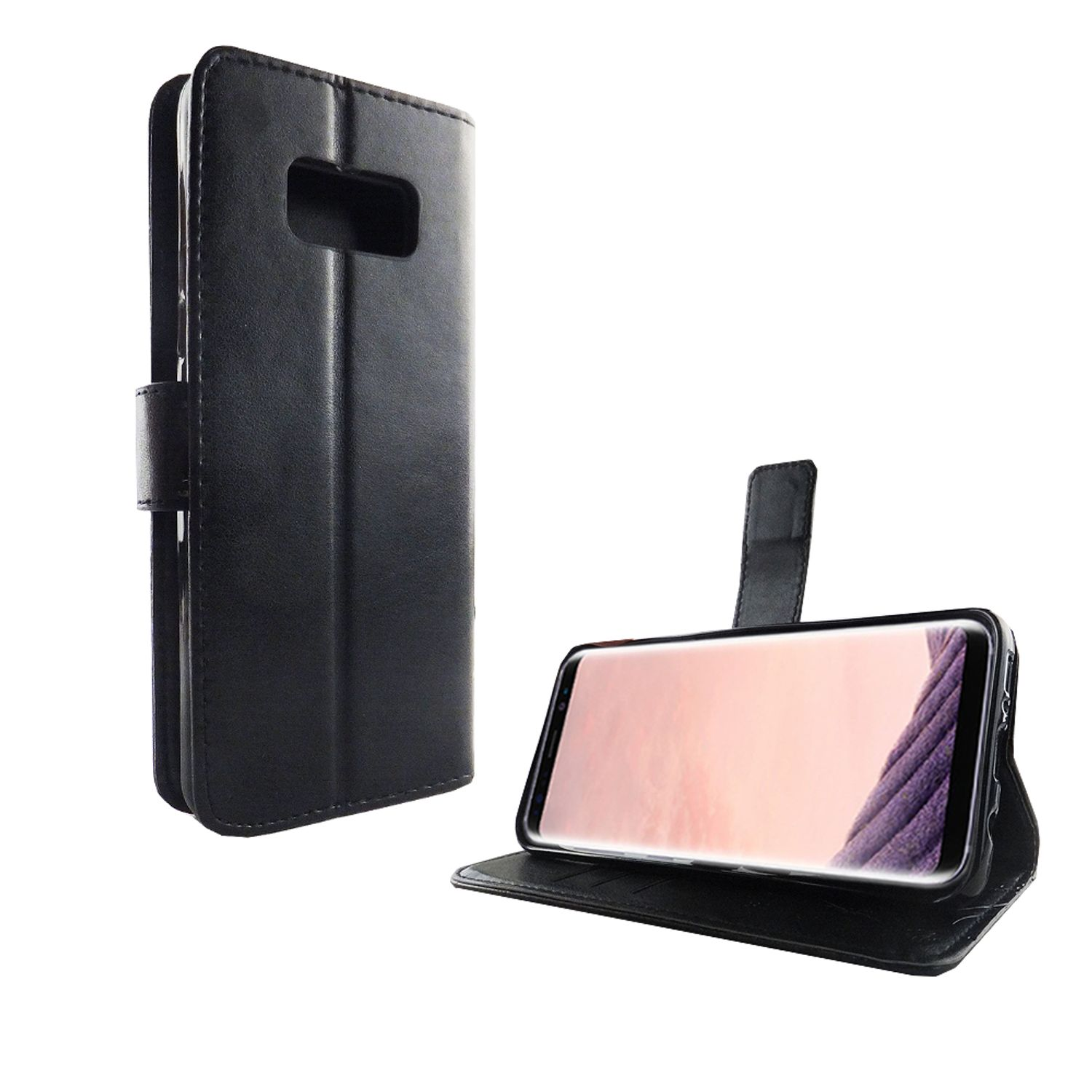 Schwarze Handyhülle mit Telefon darin. Offen, auf weißem Hintergrund.