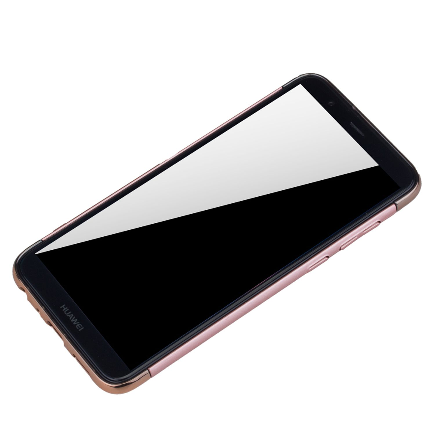 Ein Huawei-Smartphone mit roségoldfarbenem Rahmen, schwarzem Bildschirm und weißem Hintergrund.