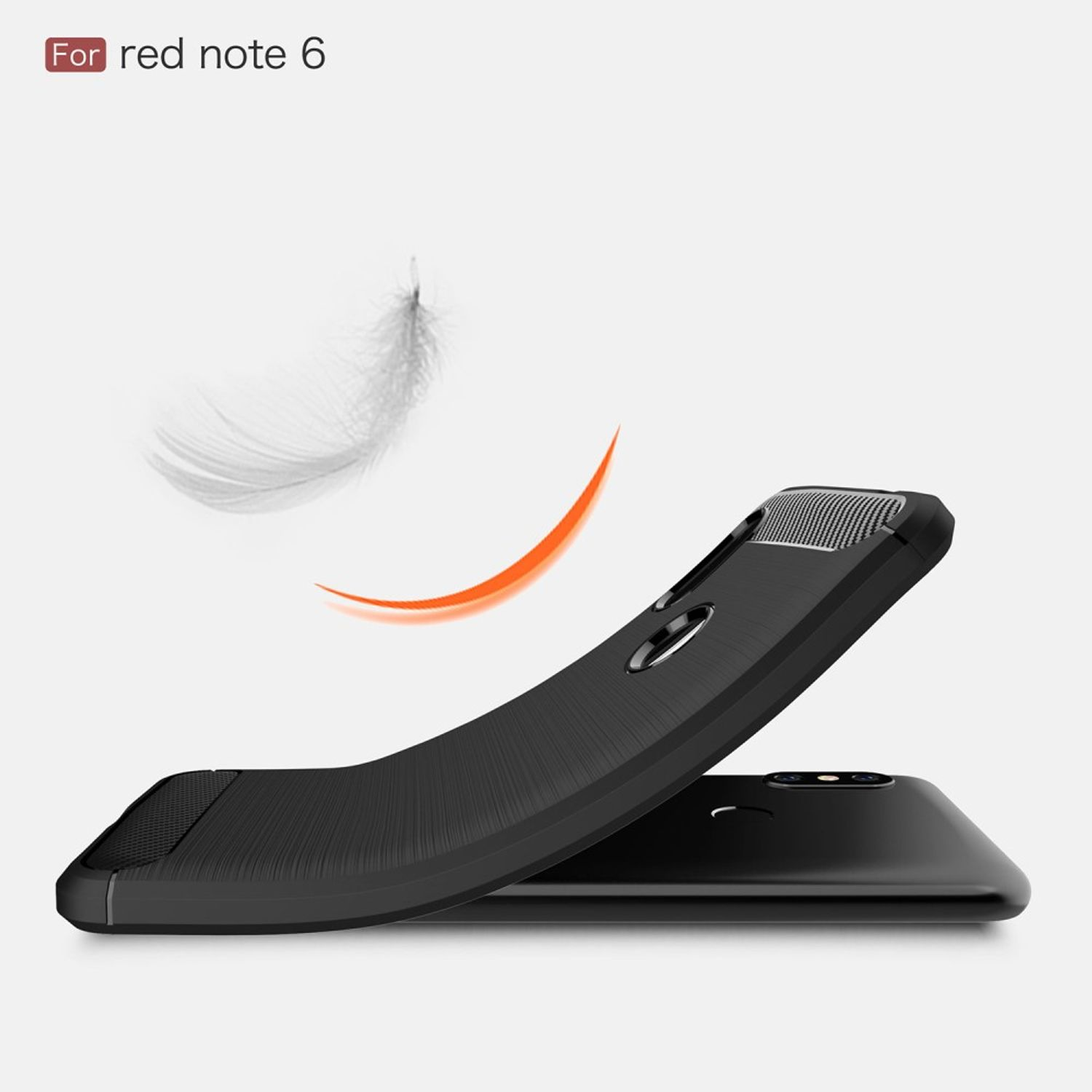 Schwarze Handyhülle, mit einer Feder, die darüber schwebt. Der Text 'Für rote Notiz 6'.