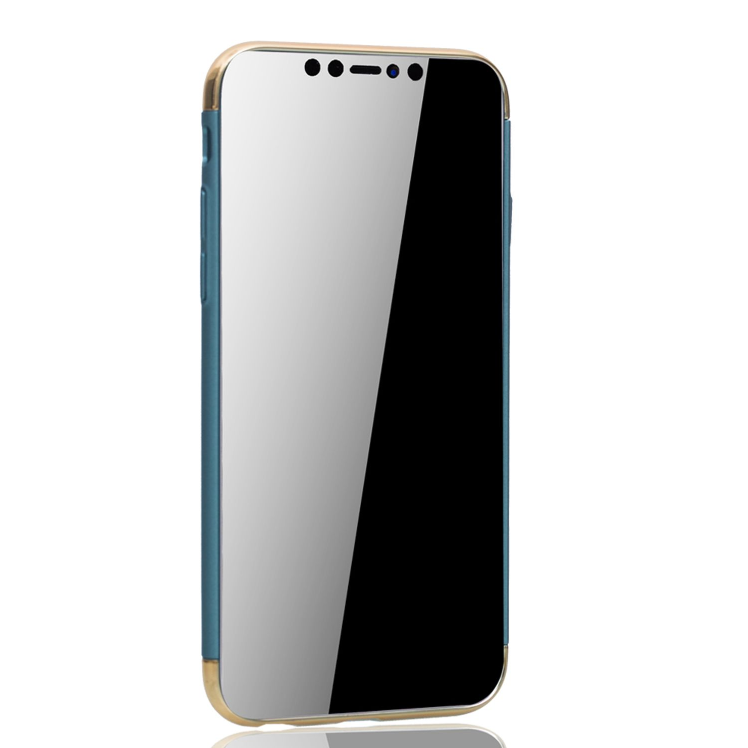 Ein Smartphone mit blauem Rahmen und goldener Kante, das einen reflektierenden Bildschirm zeigt.
