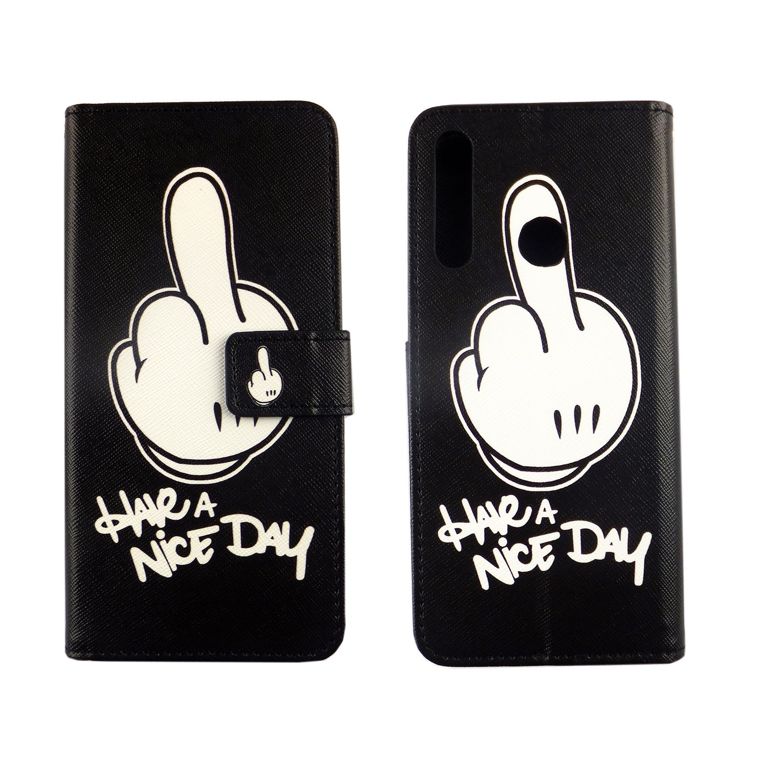 Schwarze Handyhülle mit einer weißen Cartoon-Hand, die den Mittelfinger zeigt und dem Text 'Have a Nice Day'.