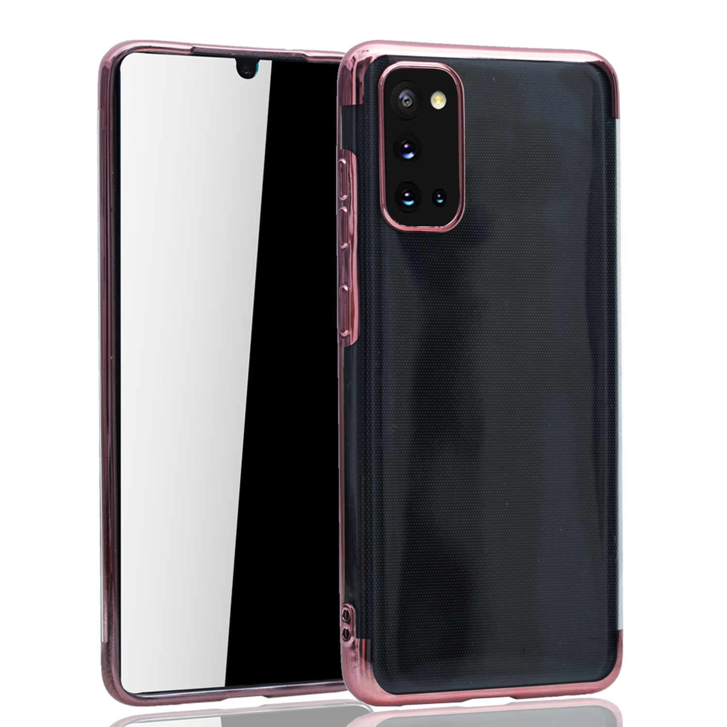 Schwarzes Telefon mit pinkfarbener Hülle. Die Hülle rechts, mit Glasscheibe links.