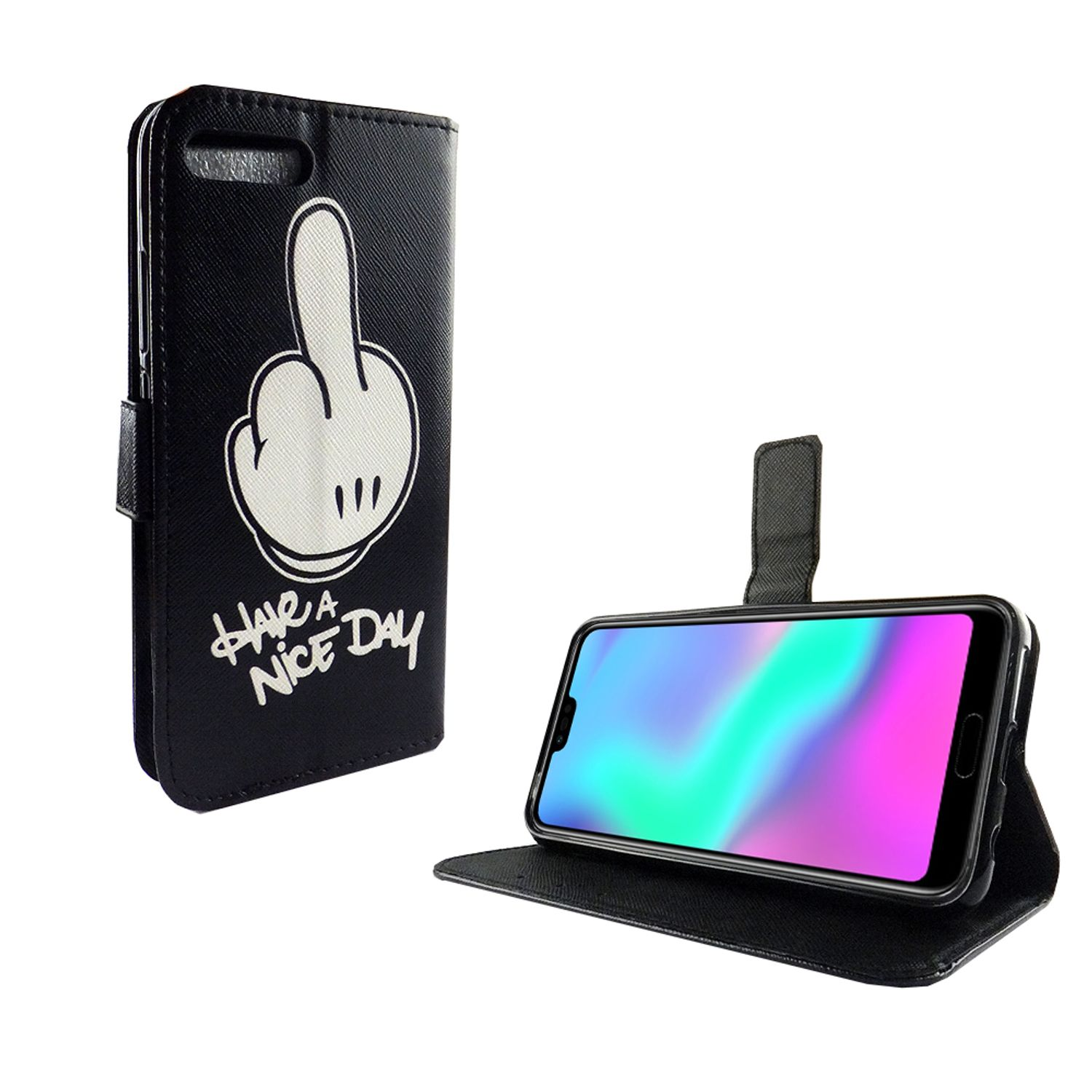 Schwarze Handyhülle mit Mittelfinger-Hand-Grafik und Text 'Have a nice day'.