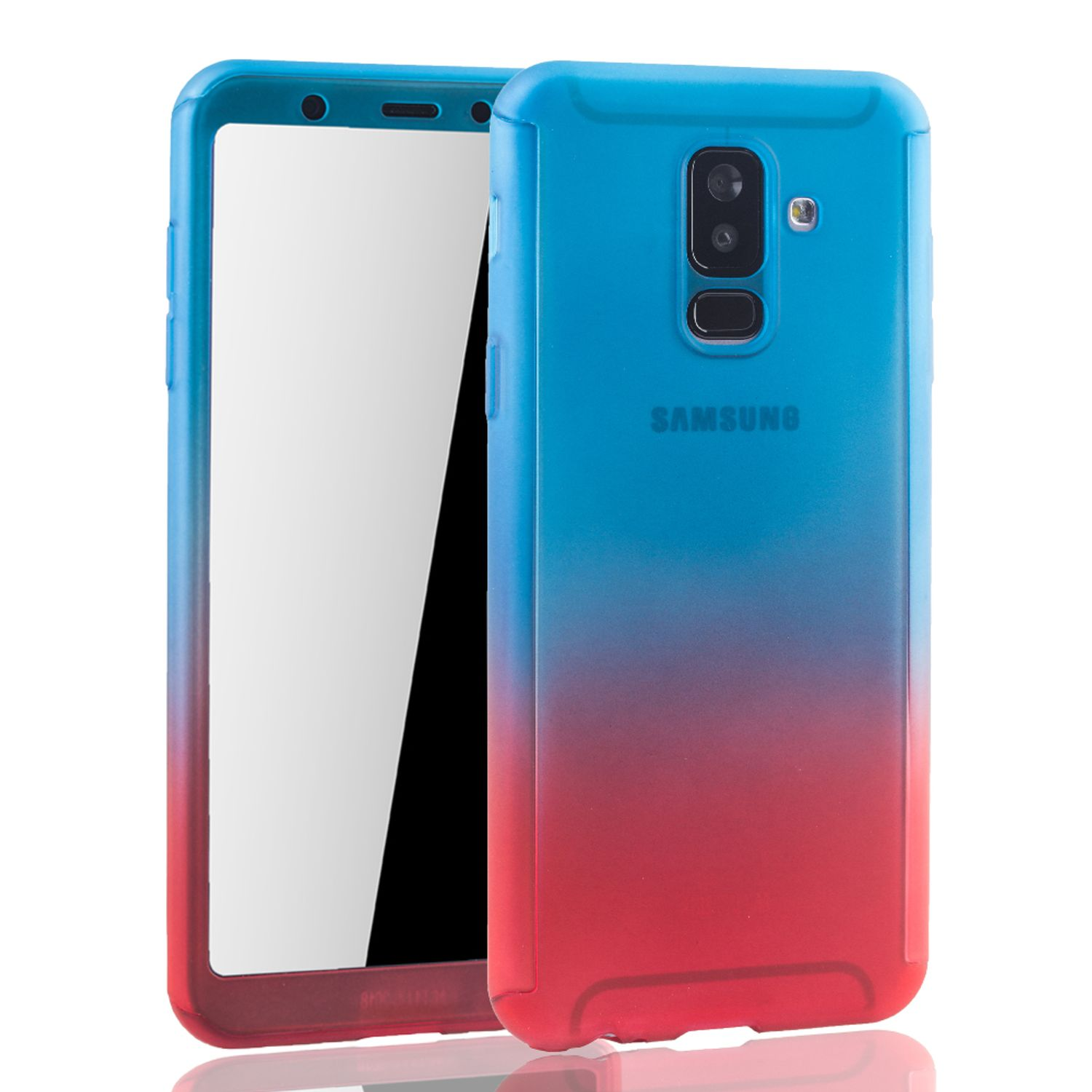 Telefon in einer blau-roten Hülle. Der Bildschirm ist schwarz. Schräge Ansicht.